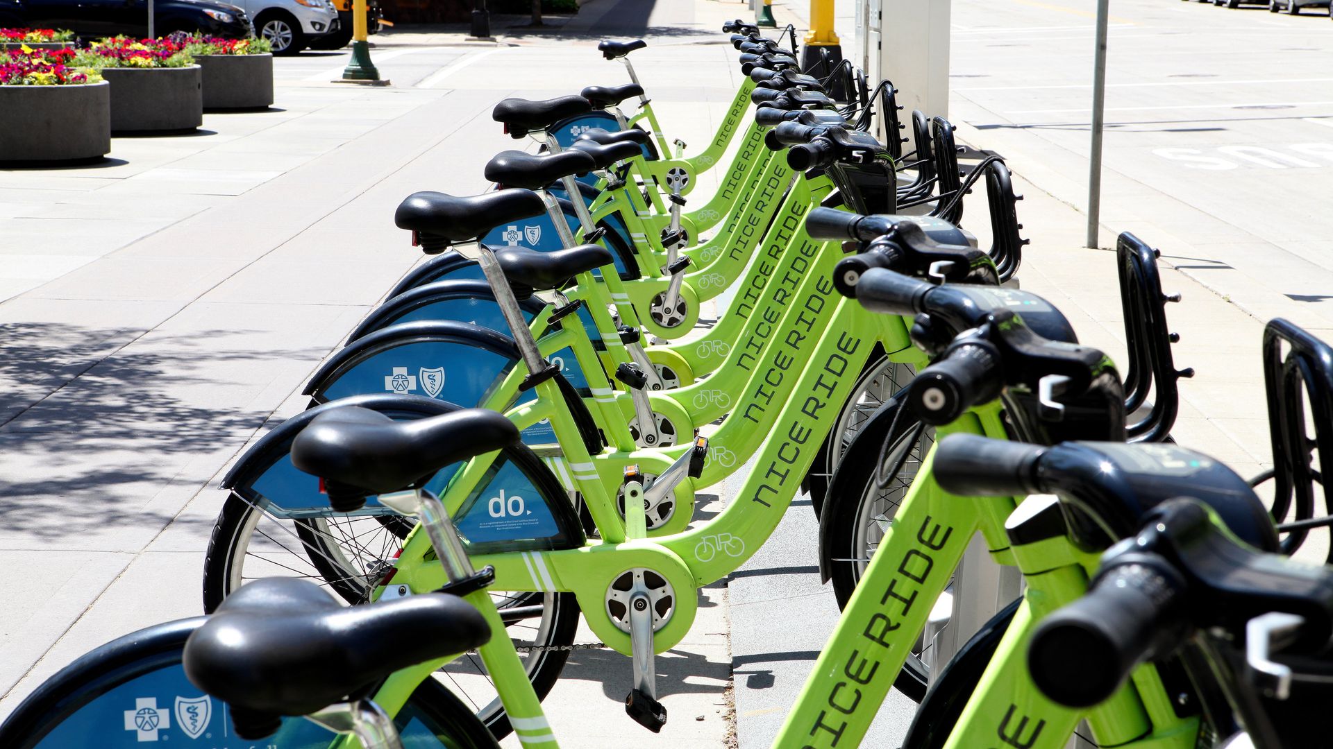 Nice Ride bikes at a dock 