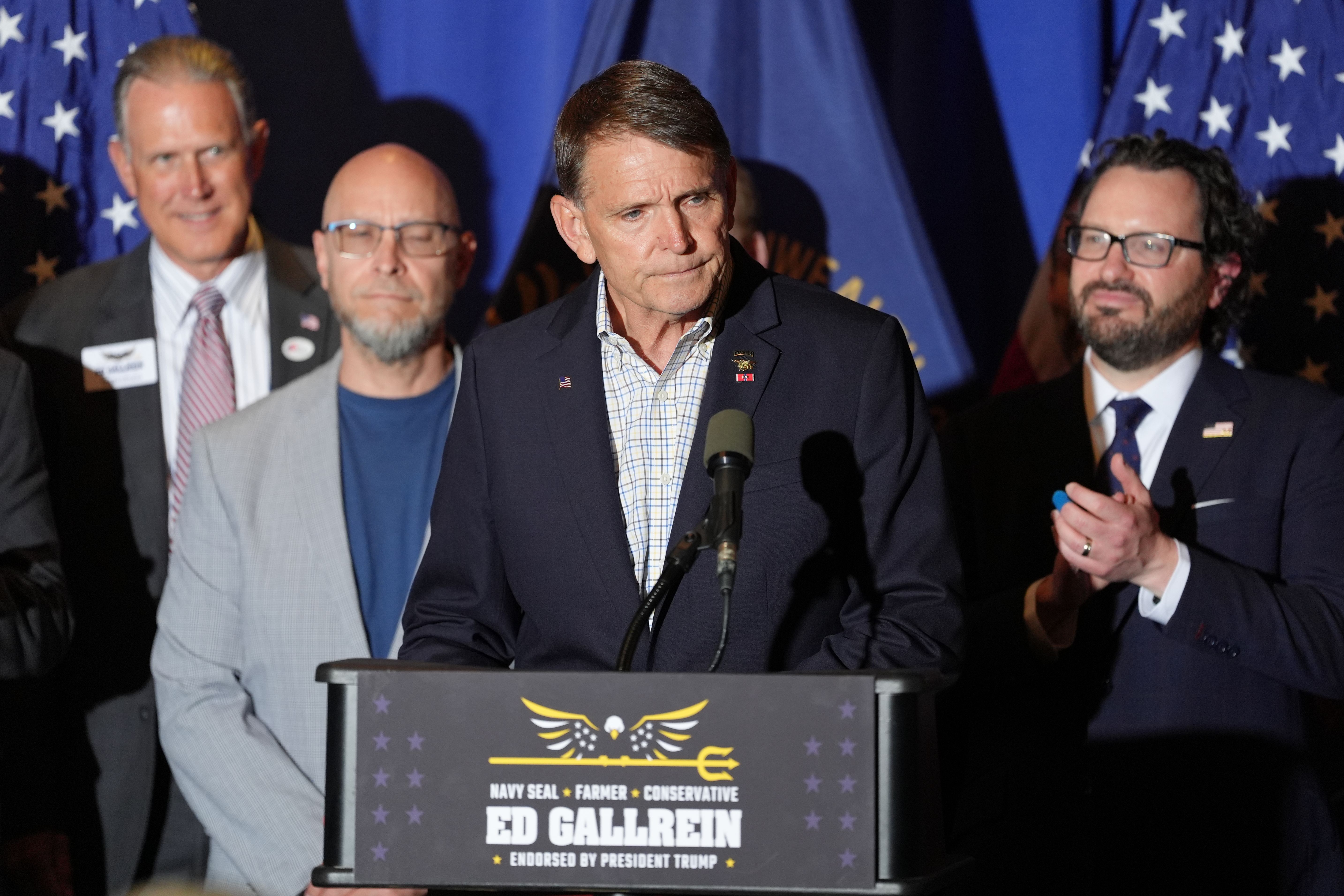 Trump-backed congressional candidate Ed Gallrein speaks in Covington, Ky., last night after winning GOP nomination. Photo: Joshua A. Bickel/AP