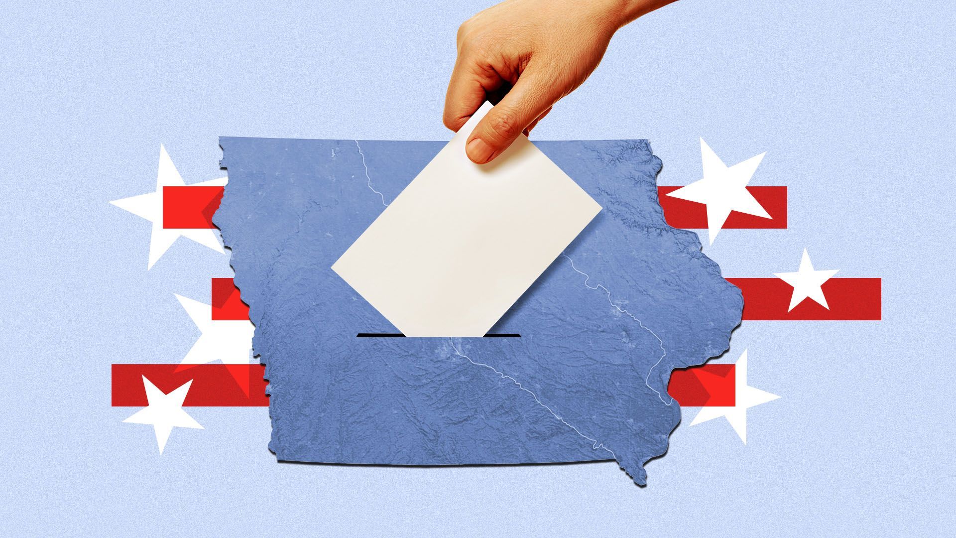Illustration of the state of Iowa with a hand submitting a ballot and stars and stripes