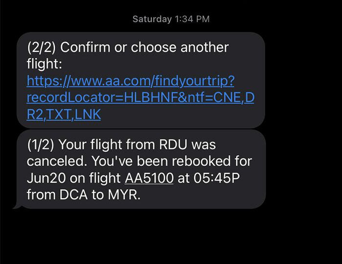 American Airlines flight cancellation text.