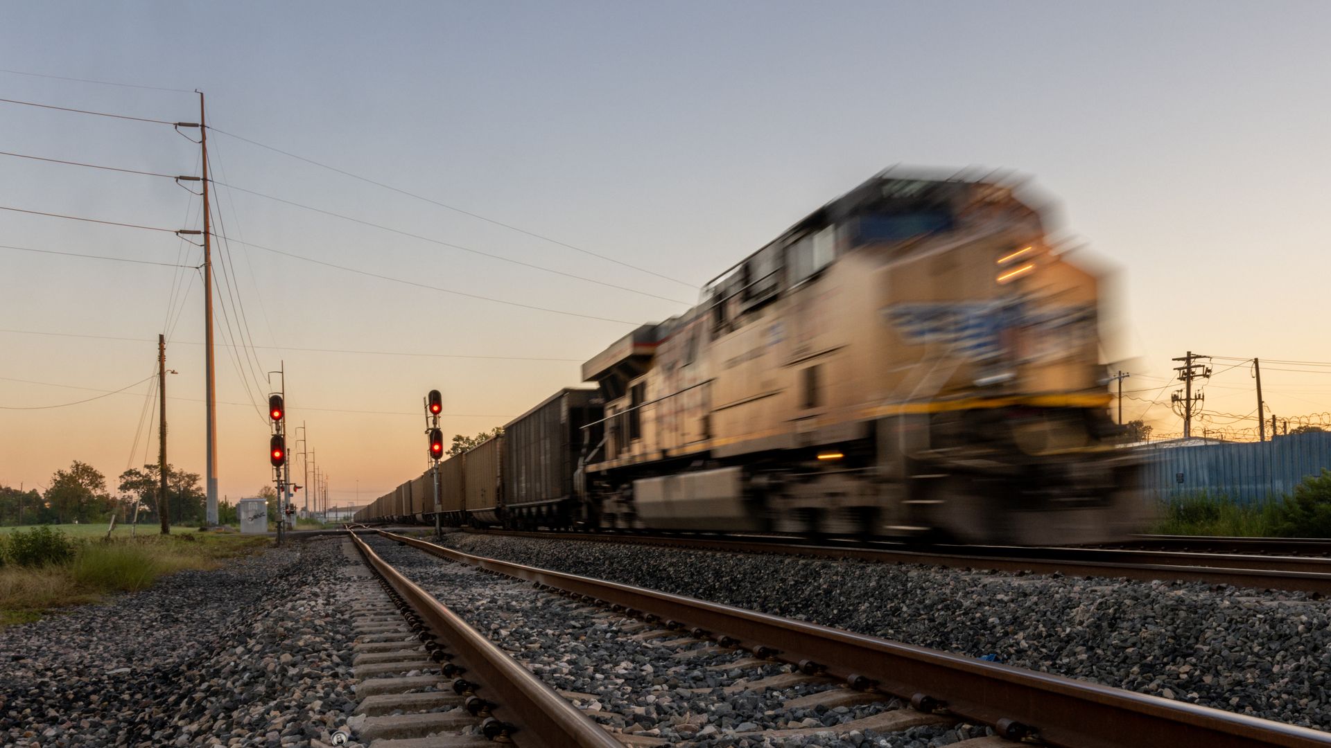  A freight train travels through Houston on September 14, 2022 in Houston, Texas
