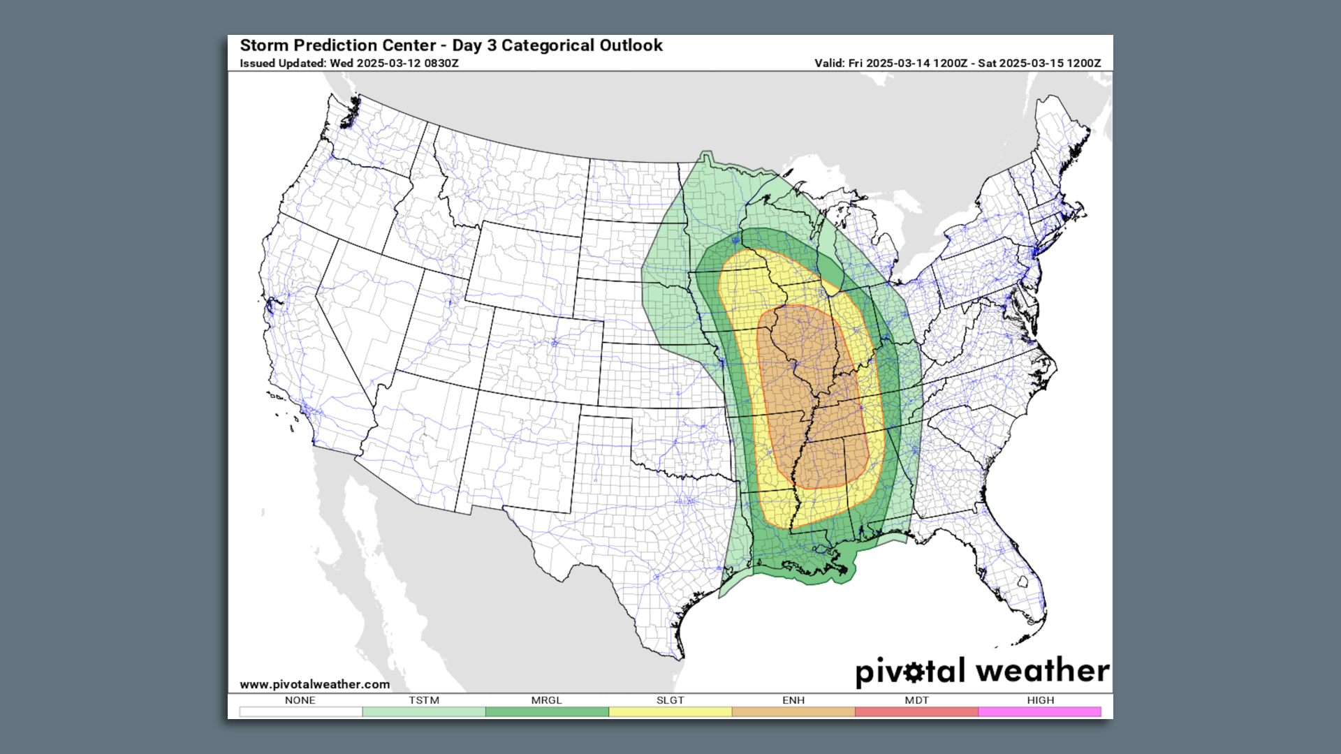 Severe thunderstorm outlook categories for March 14.