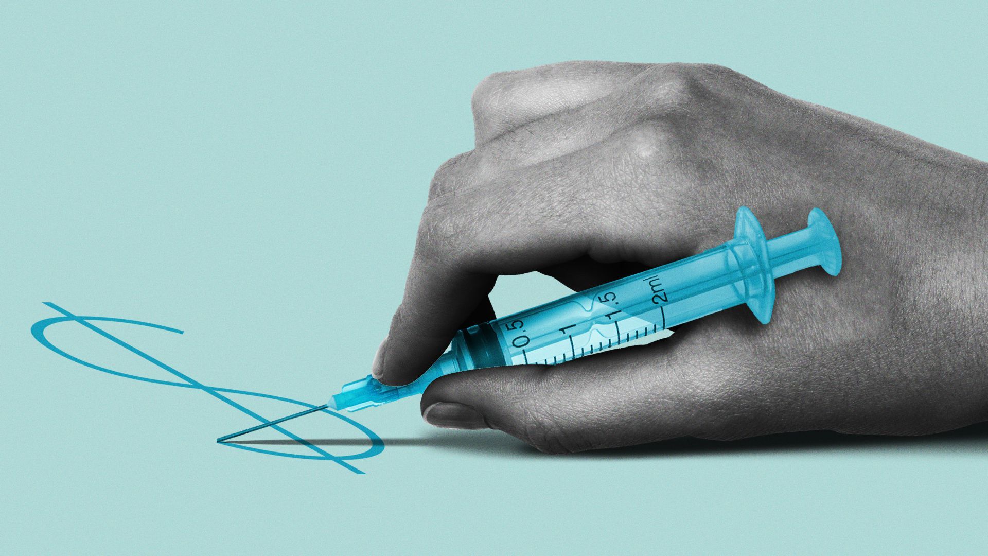 Illustration of a hand holding a syringe as a pen and writing a dollar sign.