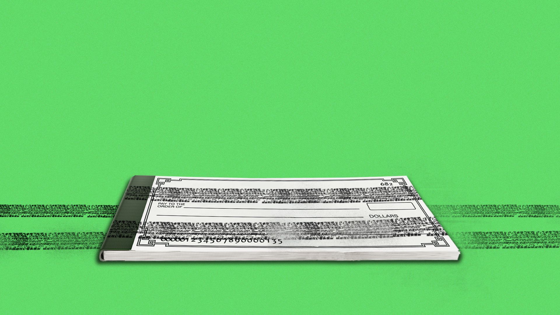Illustration of a checkbook with car tire tracks running across the top
