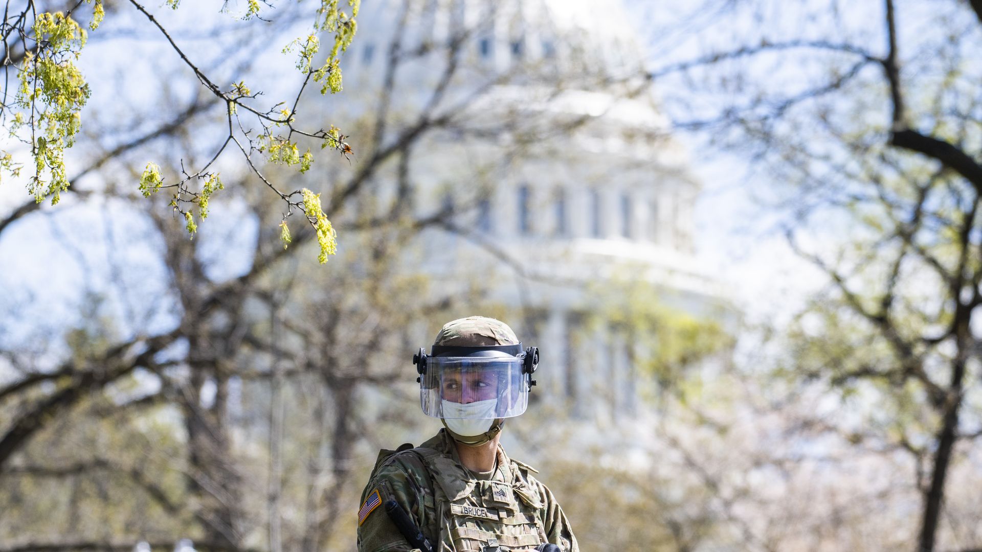 U.S. National Guardsmen stand guard near the Capitol building 