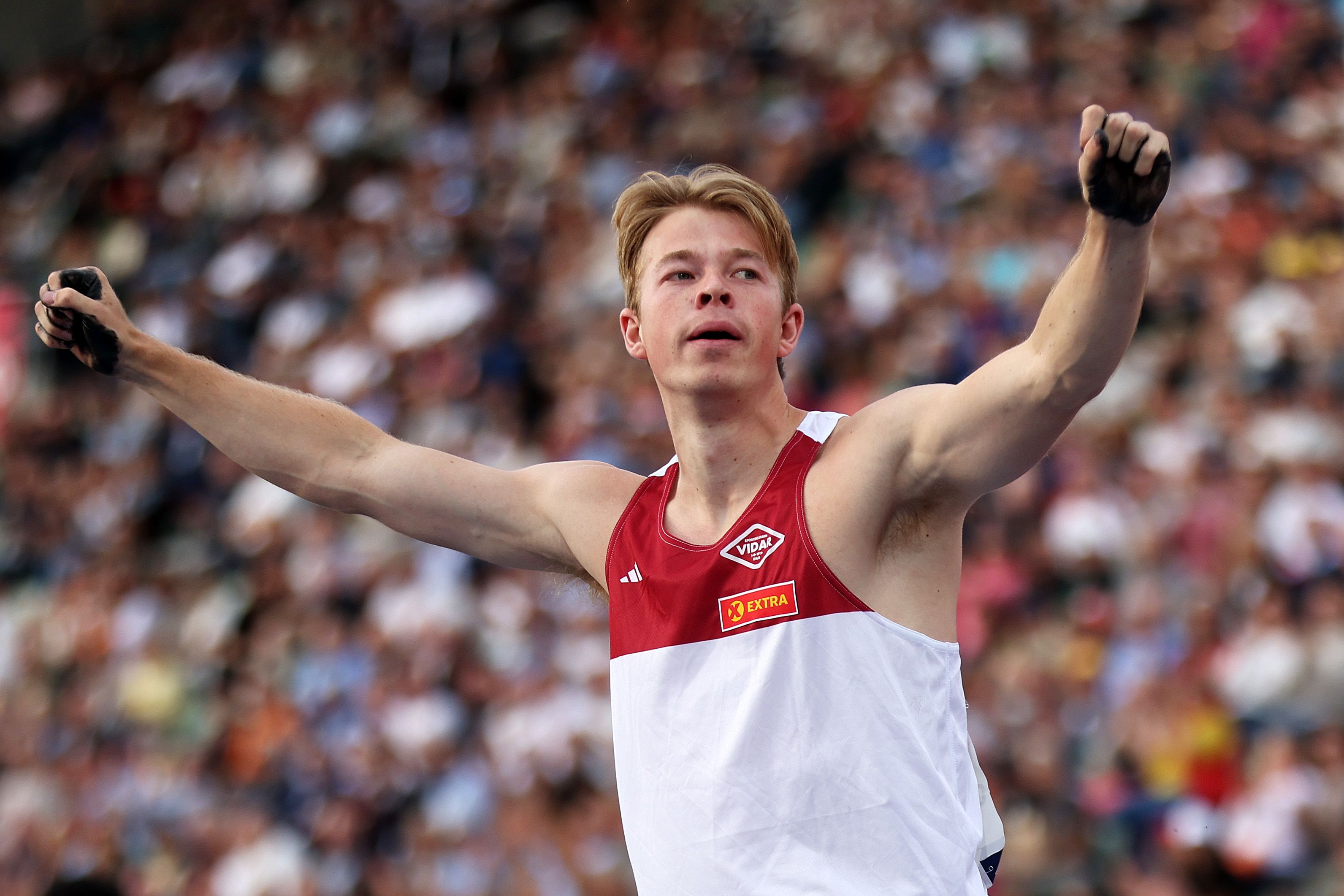 : Simen Guttormsen of Team Norway reacts in the Men's Pole Vault Final during the Bislett Games, part of the 2024 Diamond League at Bislett Stadium on May 30, 2024 in Oslo, Norway. (Photo by Maja Hitij/Getty Images)