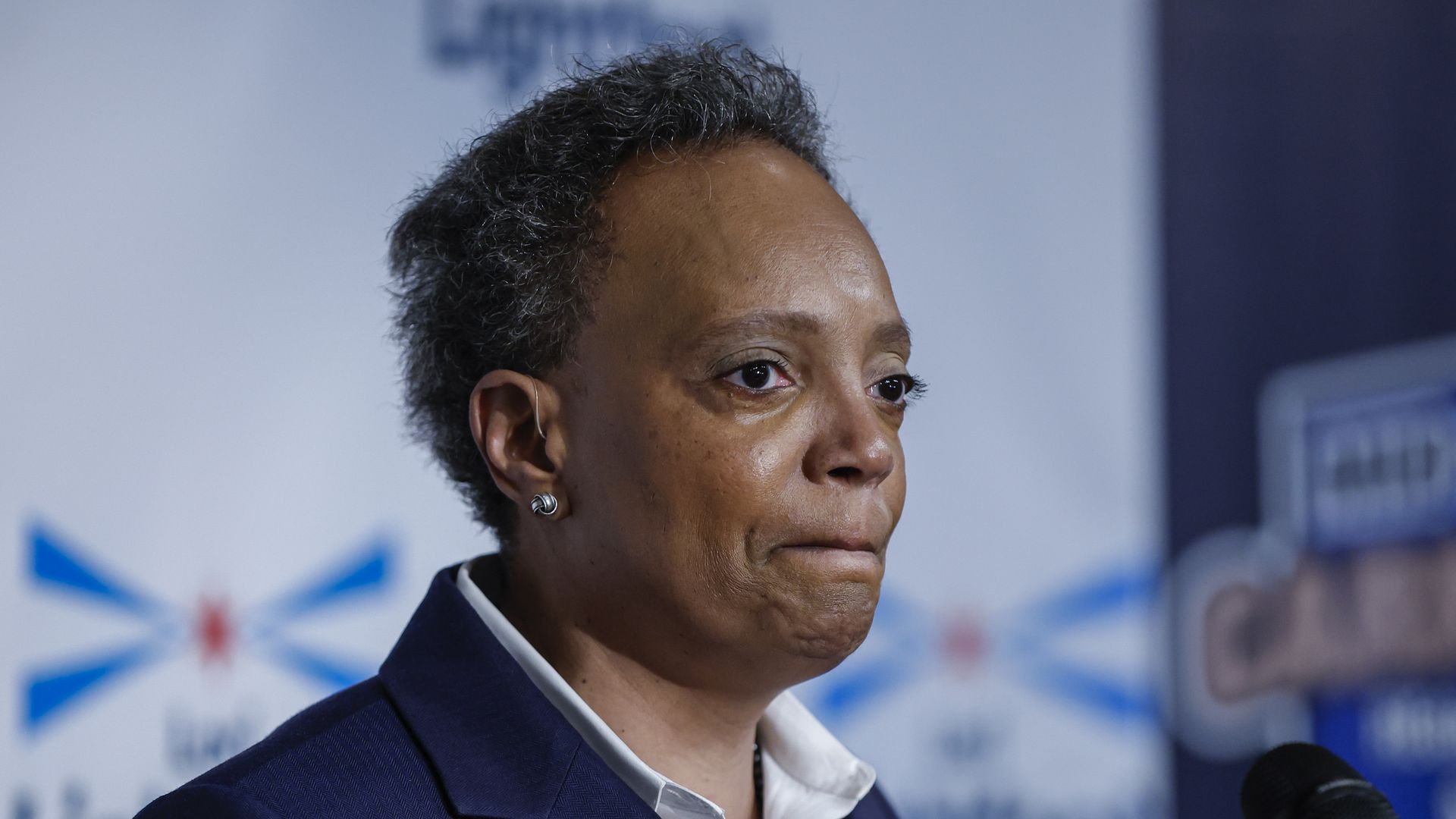  Chicago Mayor Lori Lightfoot reacts as she speaks during election night rally at Mid-America Carpenters Regional Council on February 28, 2023 in Chicago, Illinois.