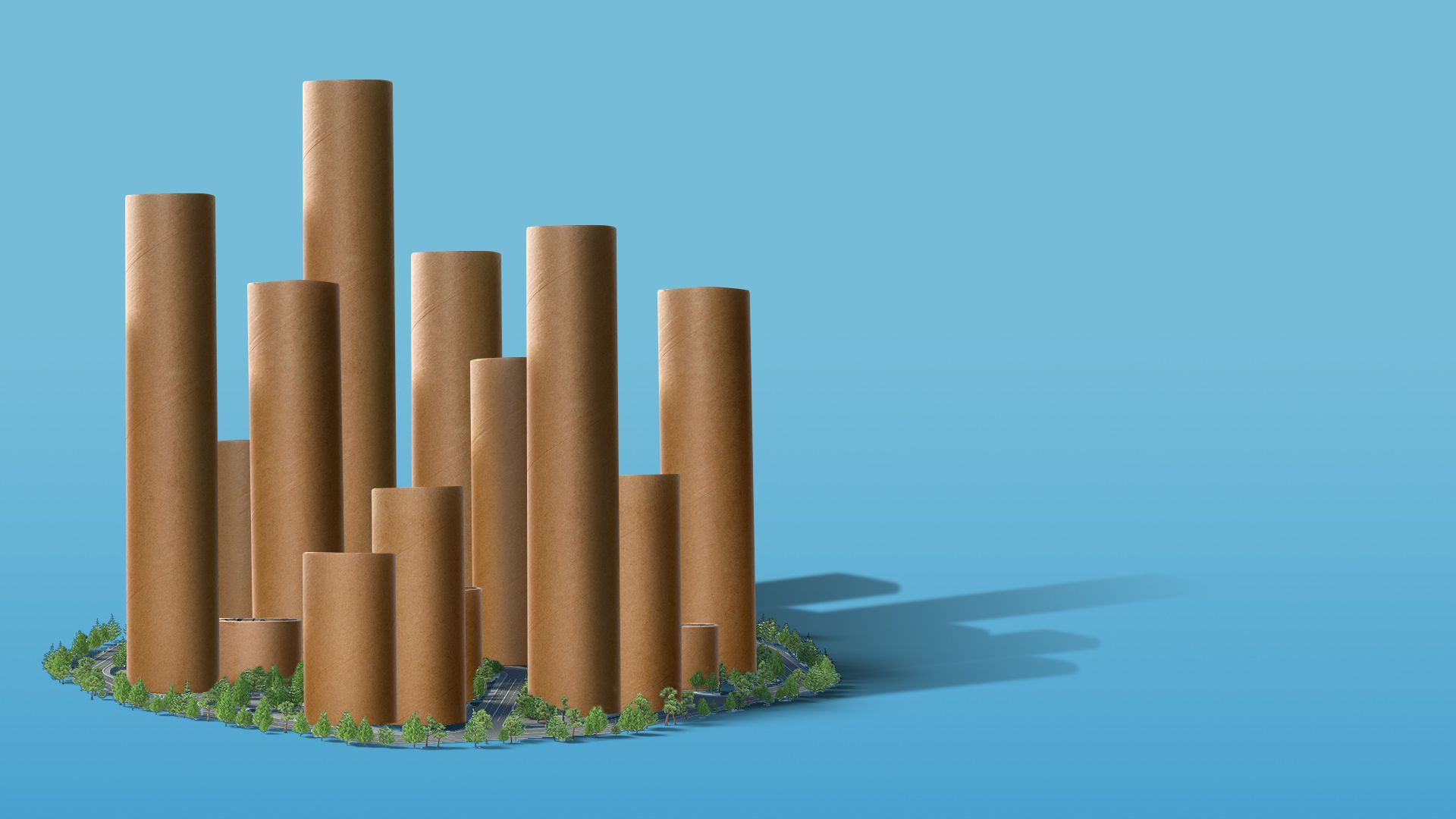 Illustration of toilet paper rolls as skyscrapers.