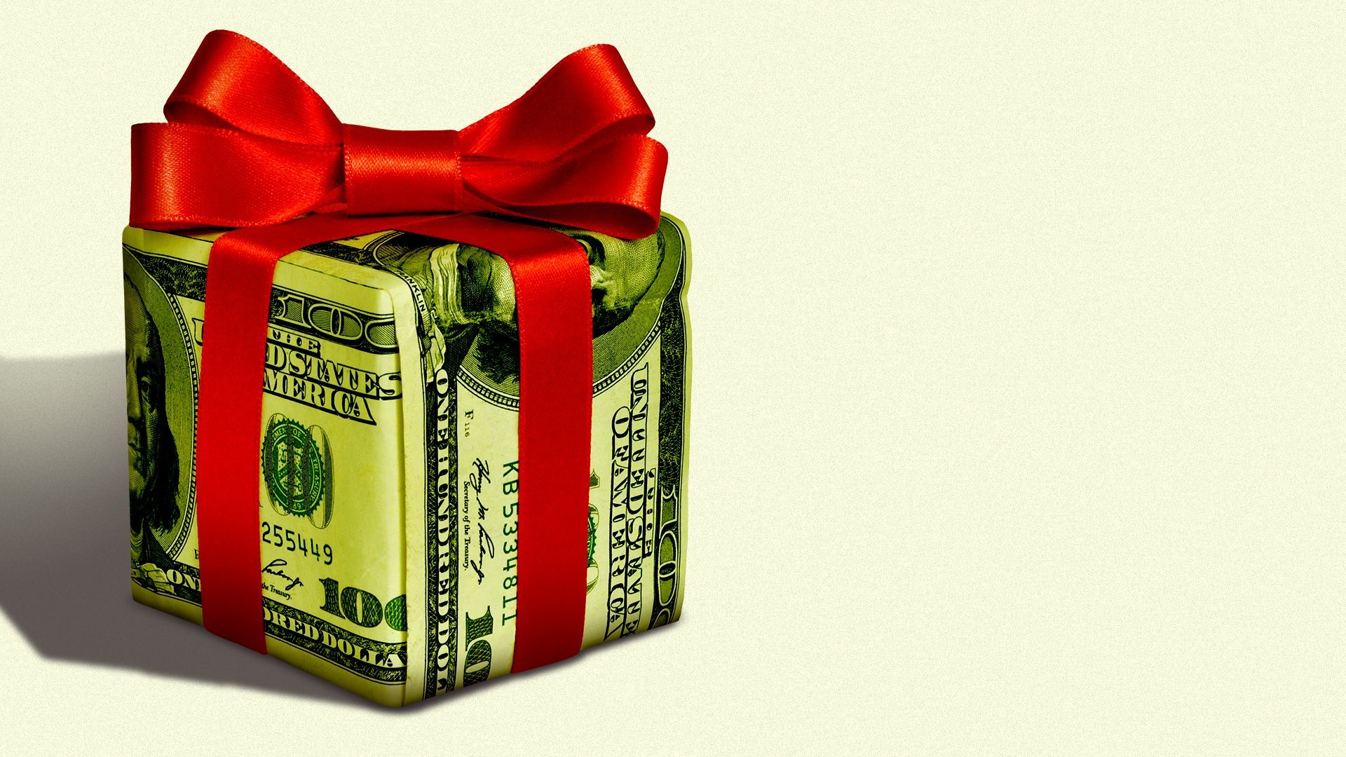 Illustration of a gift wrapped in hundred dollar bills