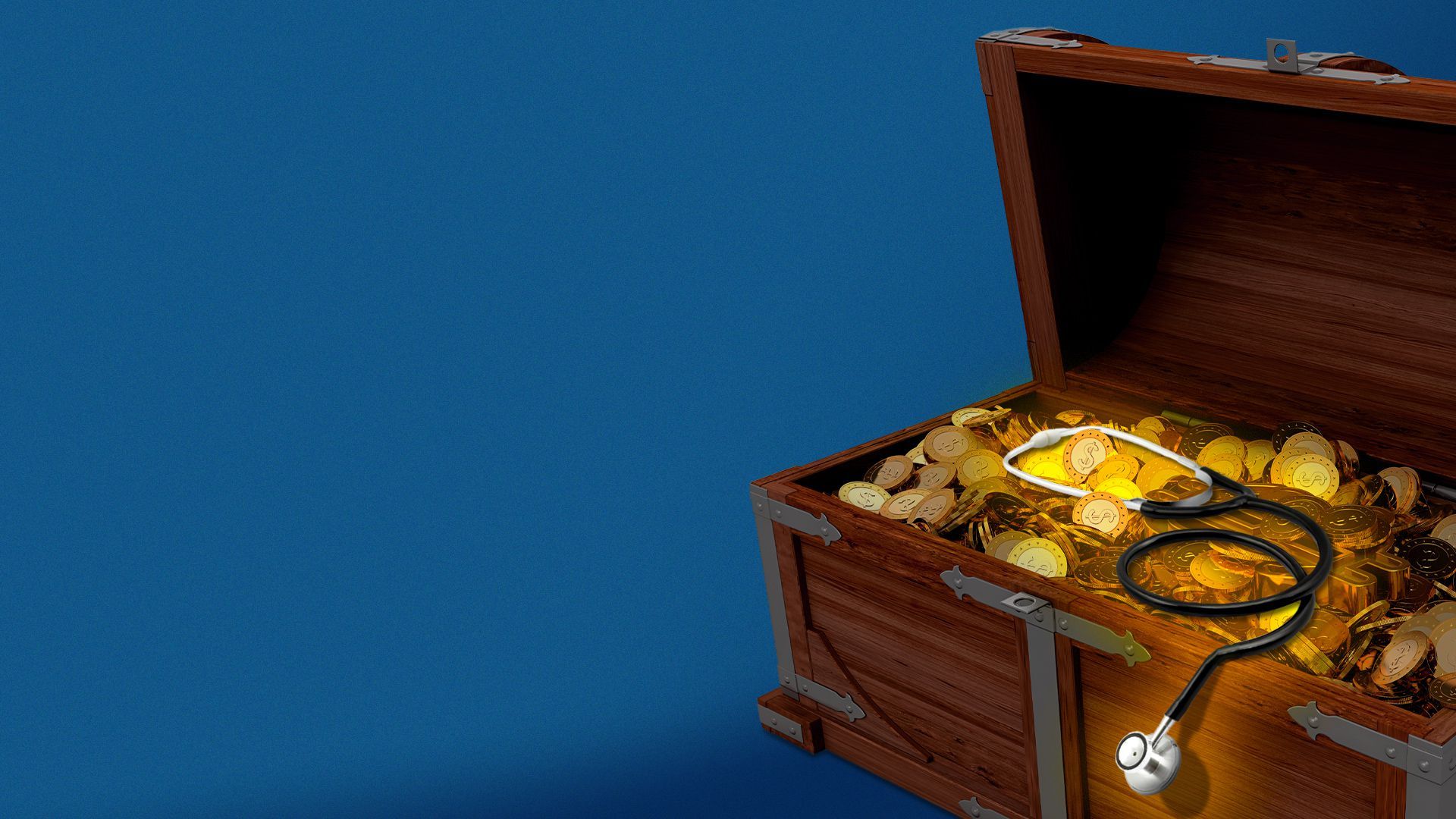 Illustration of a treasure chest full of coins and a stethoscope.
