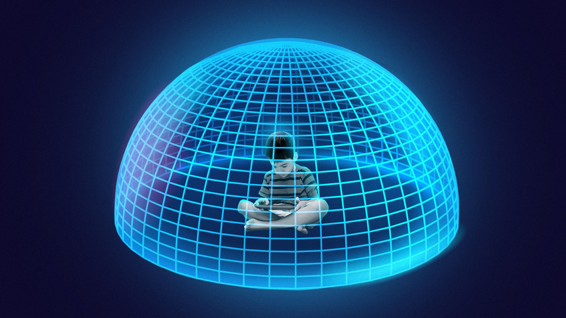 Illustration of a young child playing video games inside of a glowing protective wire frame dome. 
