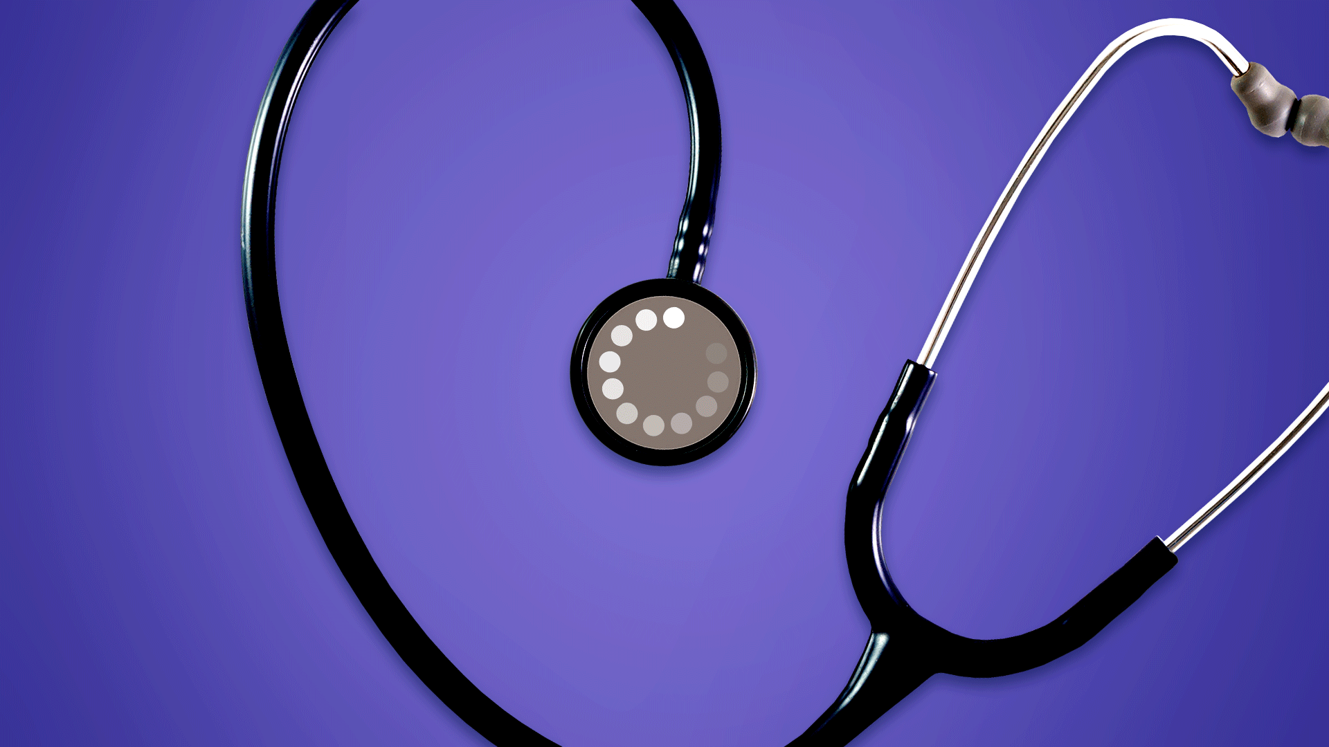 Animated illustration of a loading spiral graphic spinning inside of a stethoscope chest piece