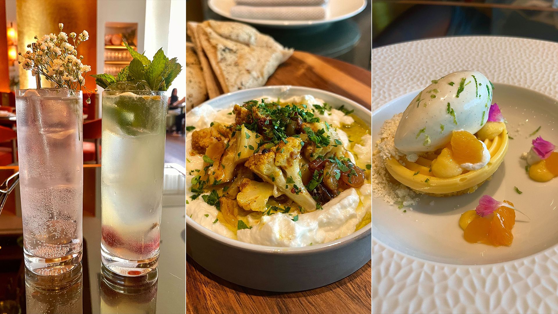 Two cocktails, a dip and a small yellow cake.