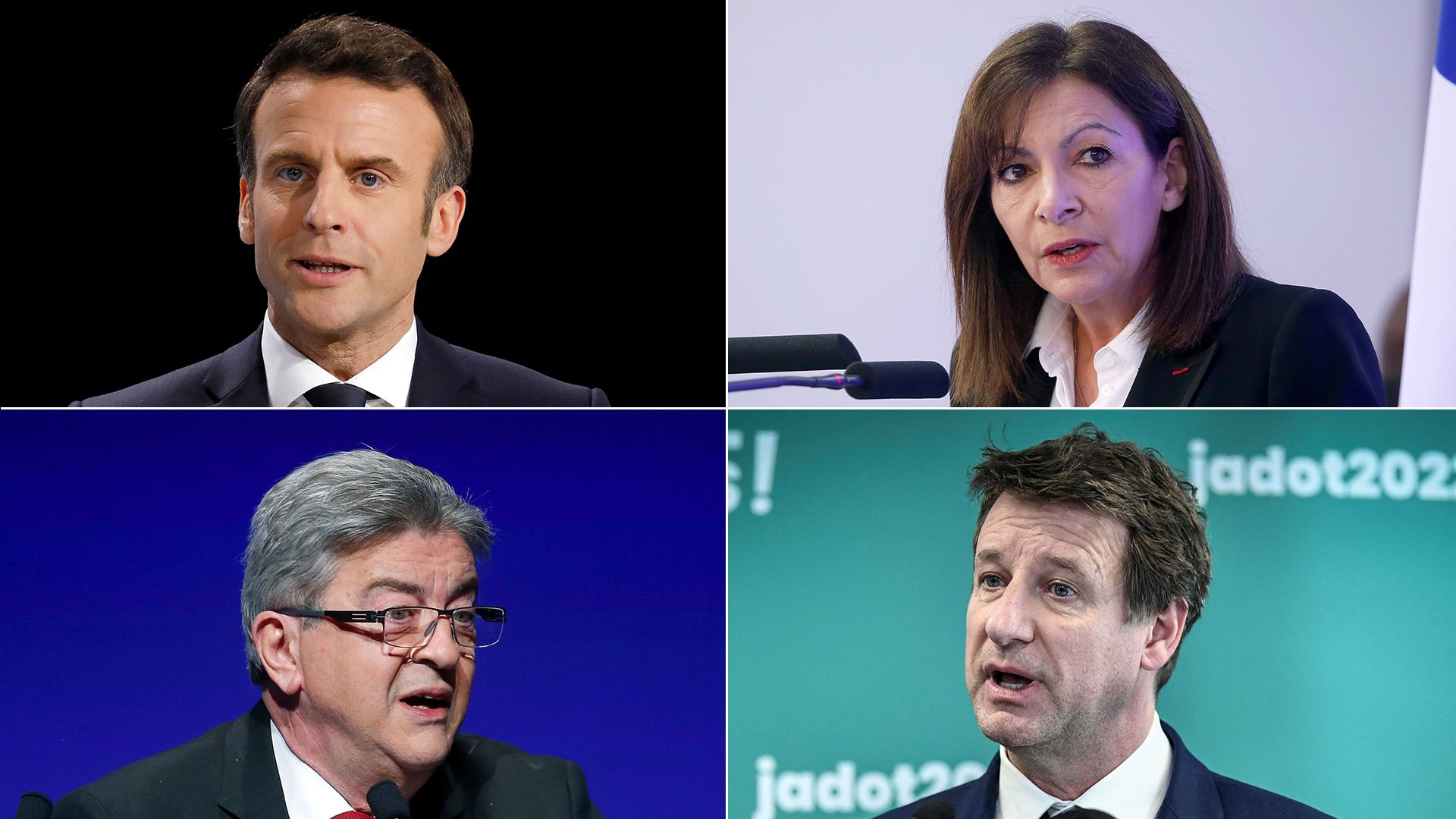 Clockwise: Emmanuel Macron, Anne Hidalgo, Yannick Jadot, Jean-Luc Melenchon