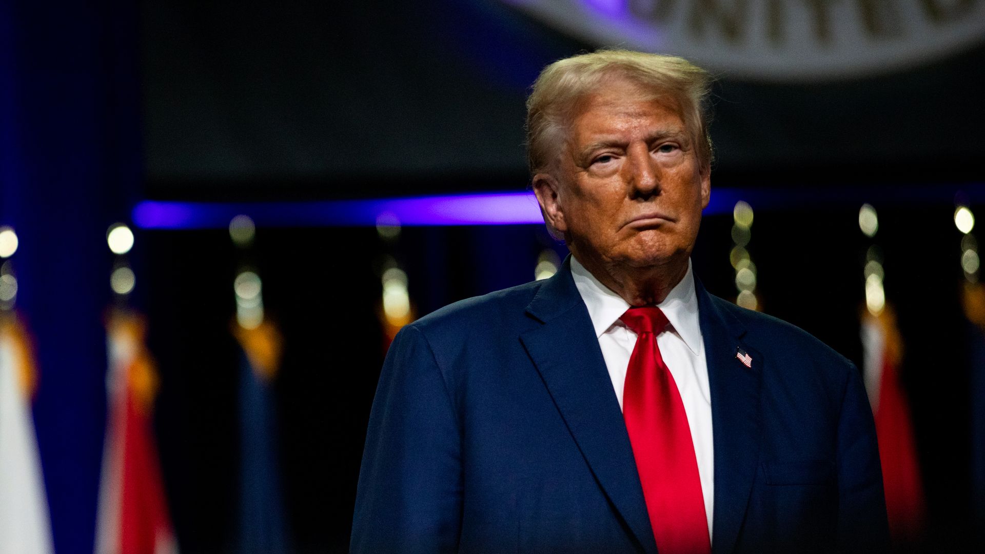 former U.S. President Donald Trump during the National Guard Association of the United States' 146th General Conference & Exhibition at Huntington Place Convention Center on August 26, 2024 in Detroit, Michigan. Michigan's importance to the Trump re-election campaign has become front and center as h