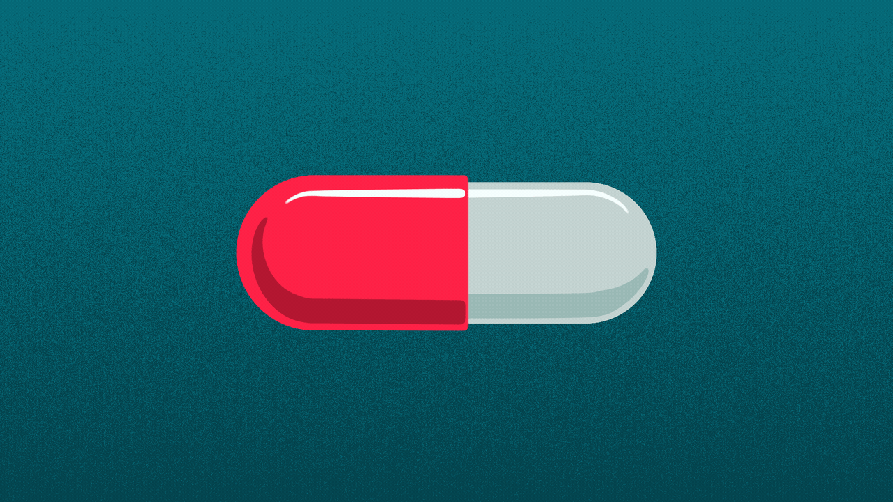 Illustration of a pill capsule splitting, and dollar signs pouring out of it.