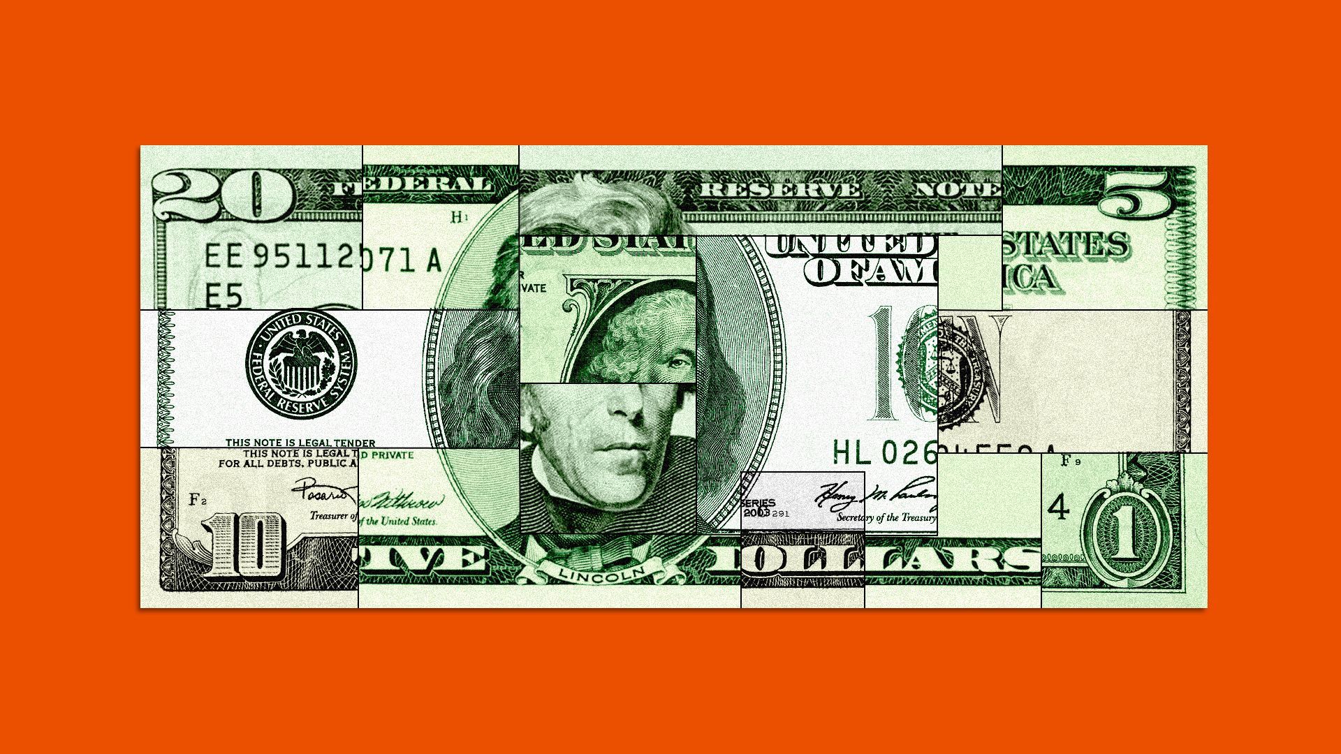 Illustration of a bill made up of different bill denominations.