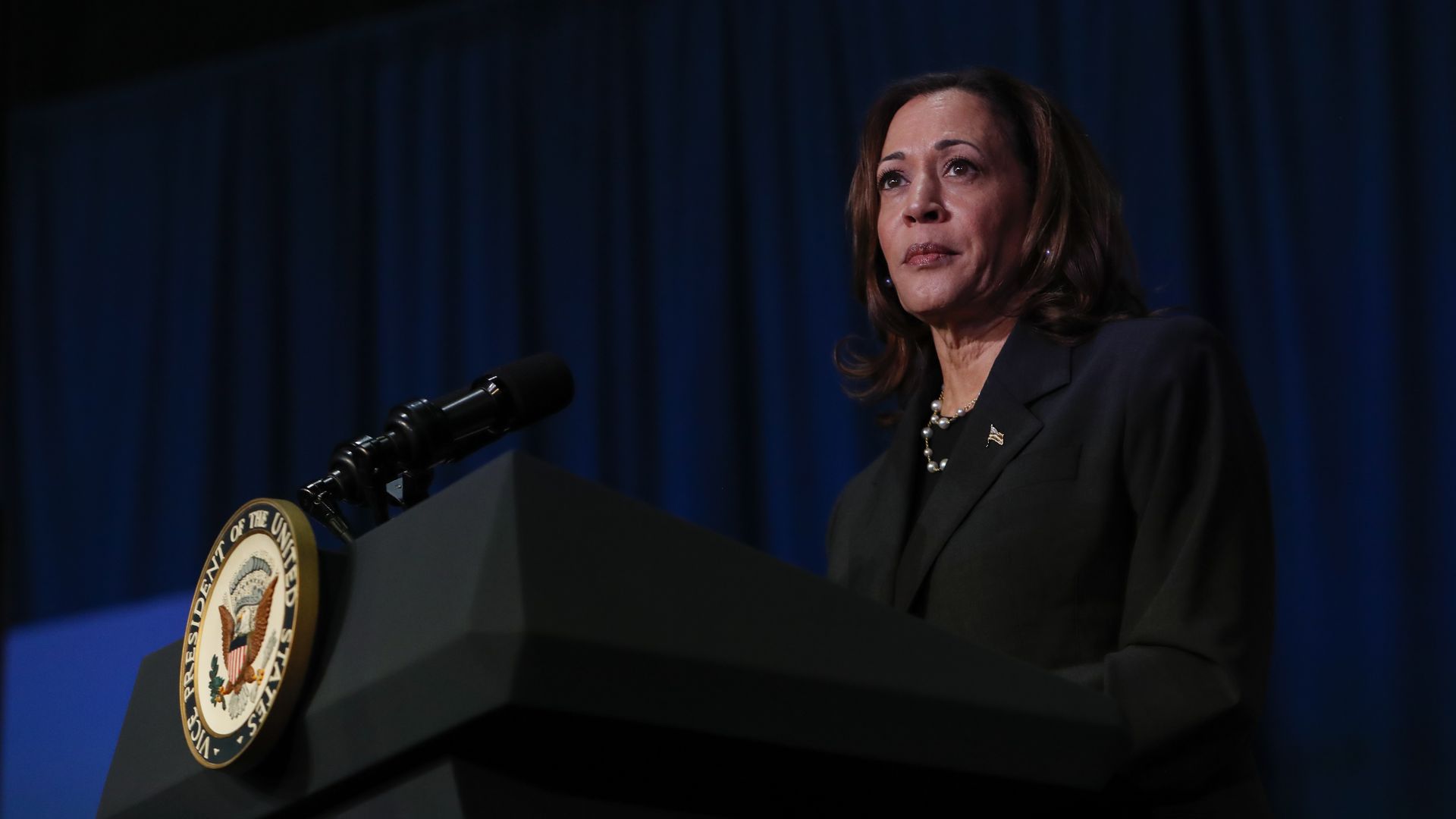 Vice President Kamala Harris makes remarks before a moderated conversation with former Trump administration national security official Olivia Troye and former Republican voter Amanda Stratton 