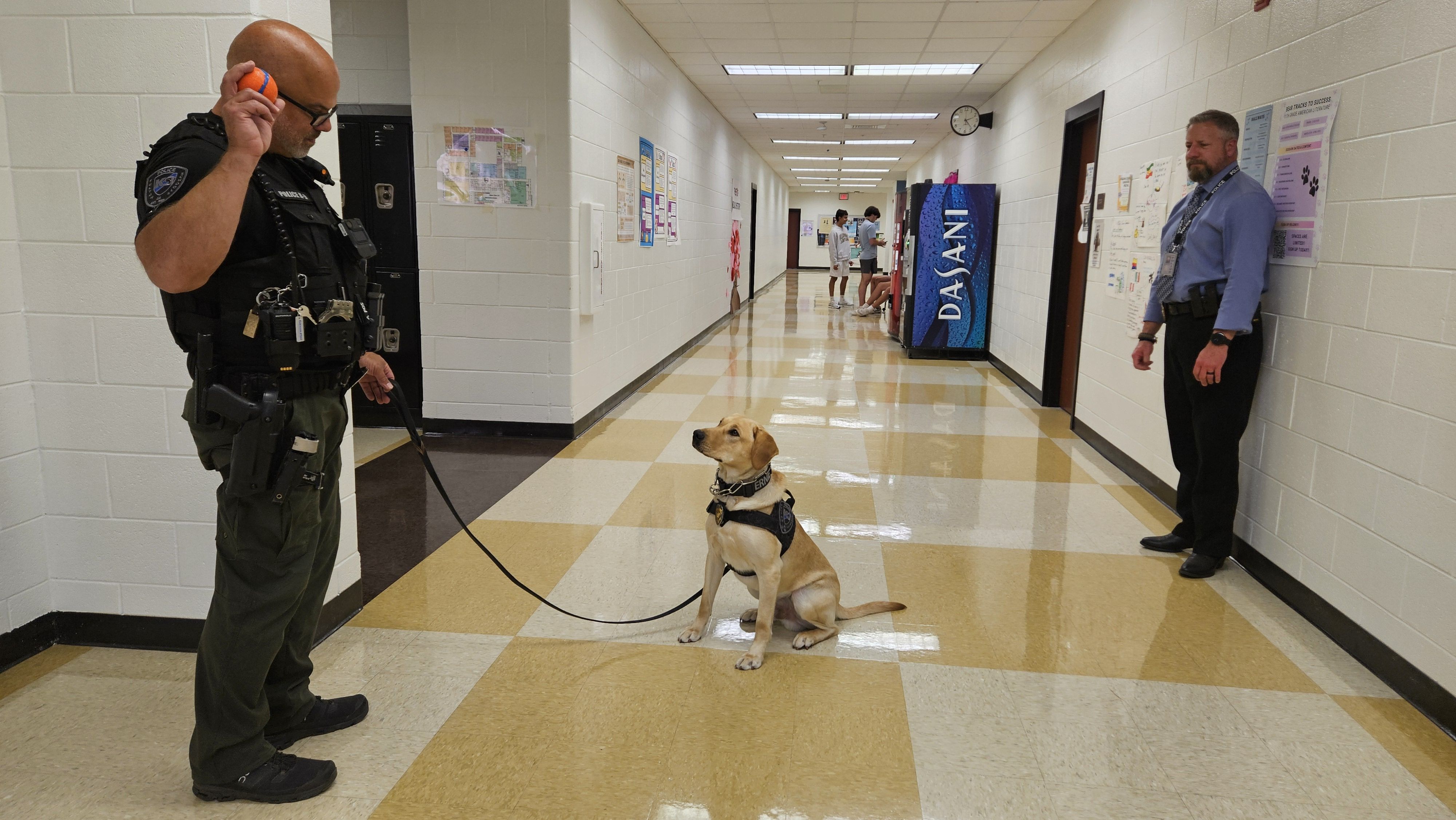 Fulton schools officer Sgt. Sean Hanse holds a ball in the air as his K9, Ernie, waits for the toss. 