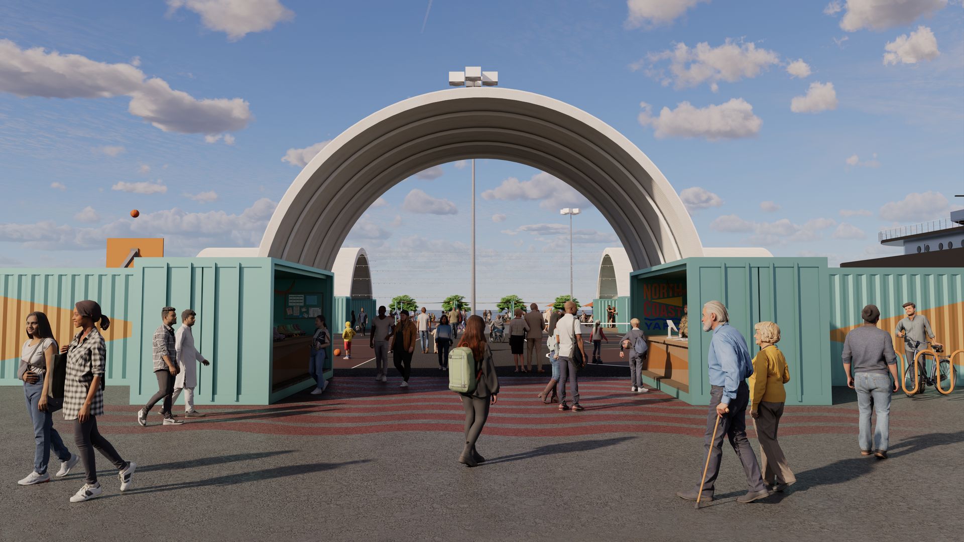 Rendering of a proposed outdoor park on parking lot