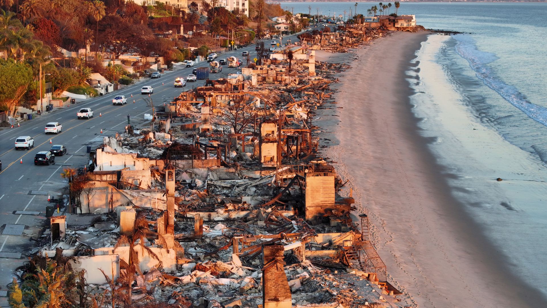 Aerial view of burned down structures after a wildfire along the California coast in January 2025. 