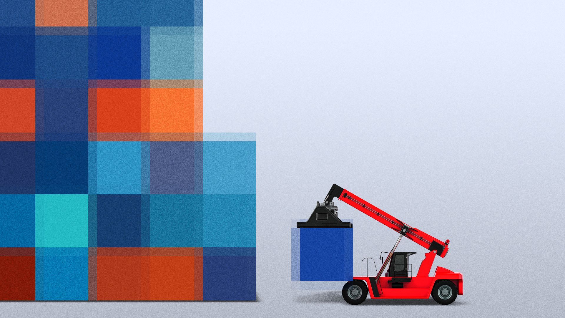 Illustration of a machine stacking pixelated cargo shipping containers. 
