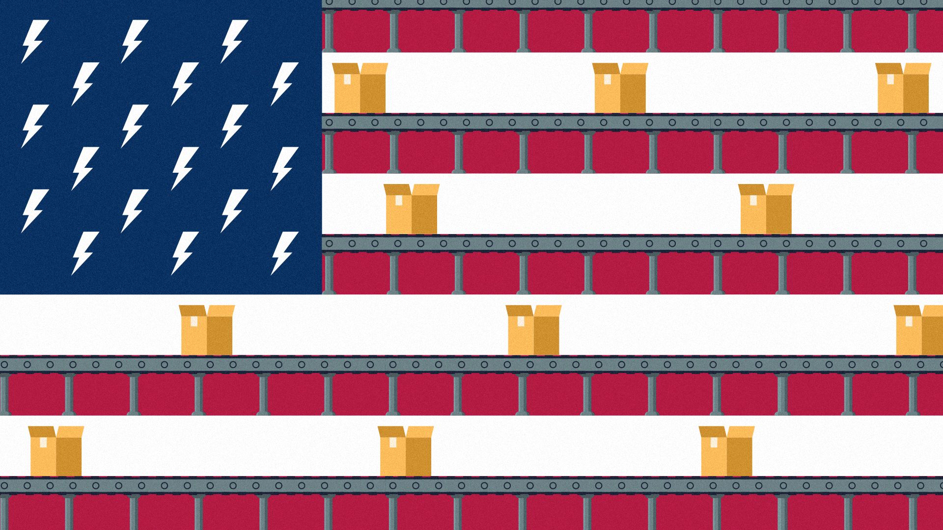Illustration of an assembly line and cardboard boxes on the stripes of the U.S. flag.