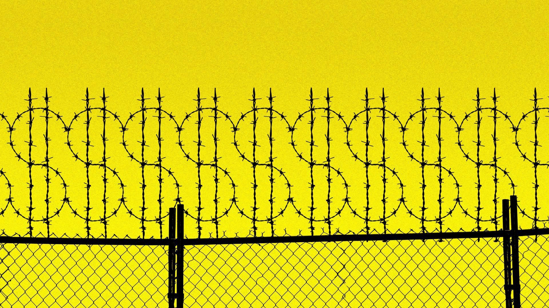 Illustration of a prison fence with the fence shaped into dollar signs.
