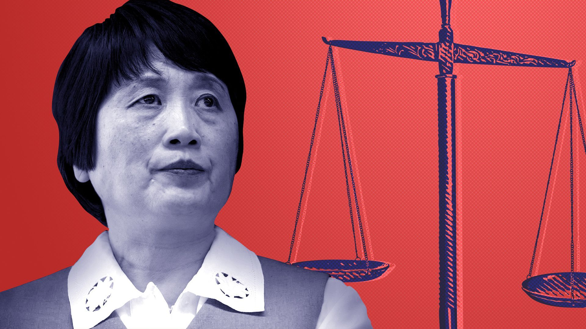 Photo illustration of Sherry Chen and the scales of justice.