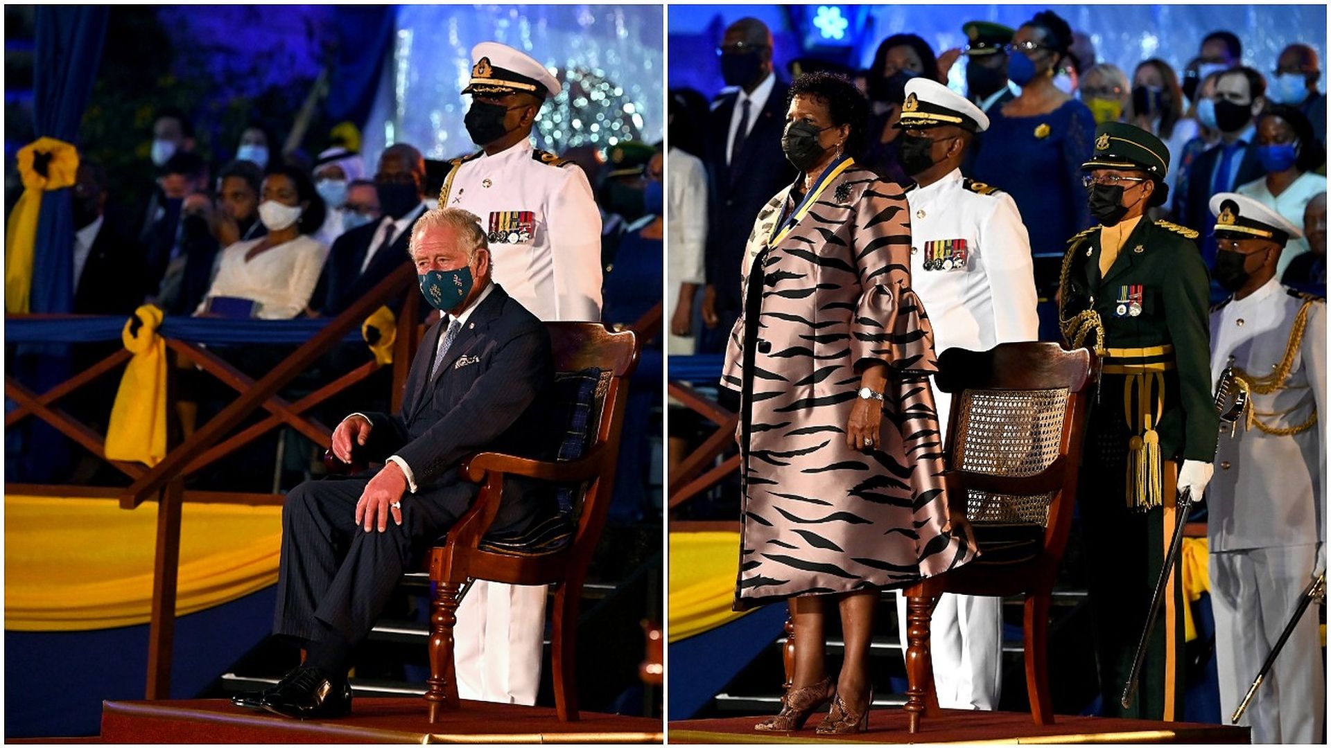 Combination images of Dame Sandra Mason, president of Barbados, and Britain's Prince Charles at her swearing-in ceremony  in Bridgetown, Barbados, late Monday.