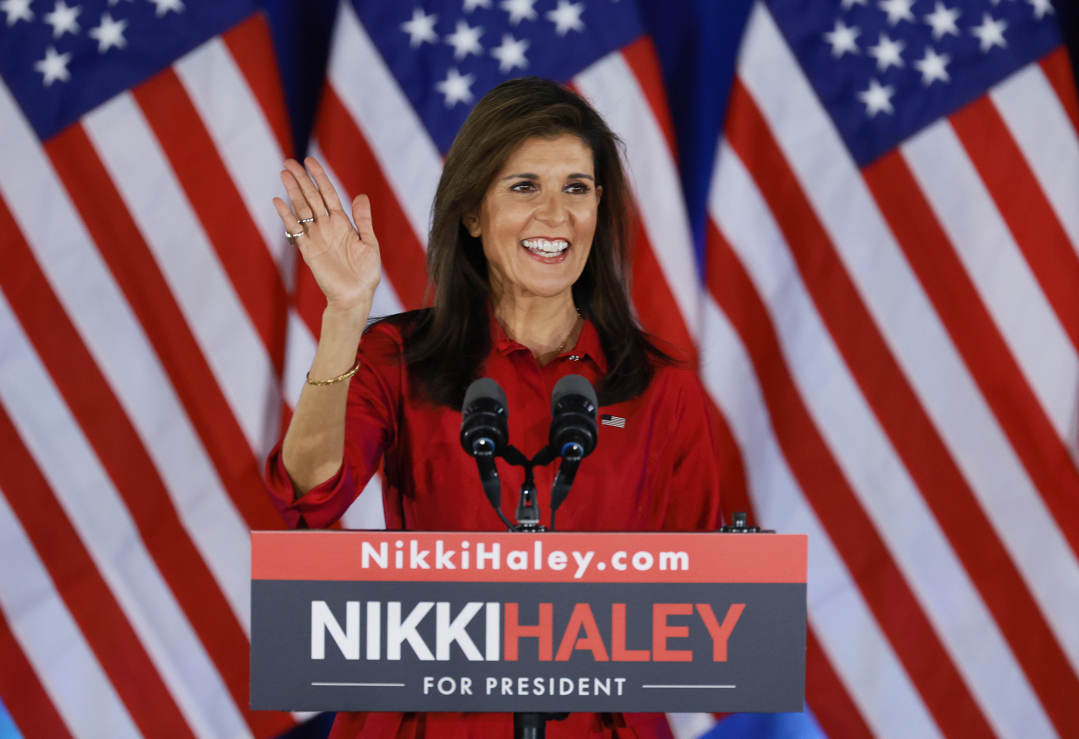 Republican presidential candidate former U.N. Ambassador Nikki Haley speaks at her caucus night event on January 15, 2024 in West Des Moines, Iowa.