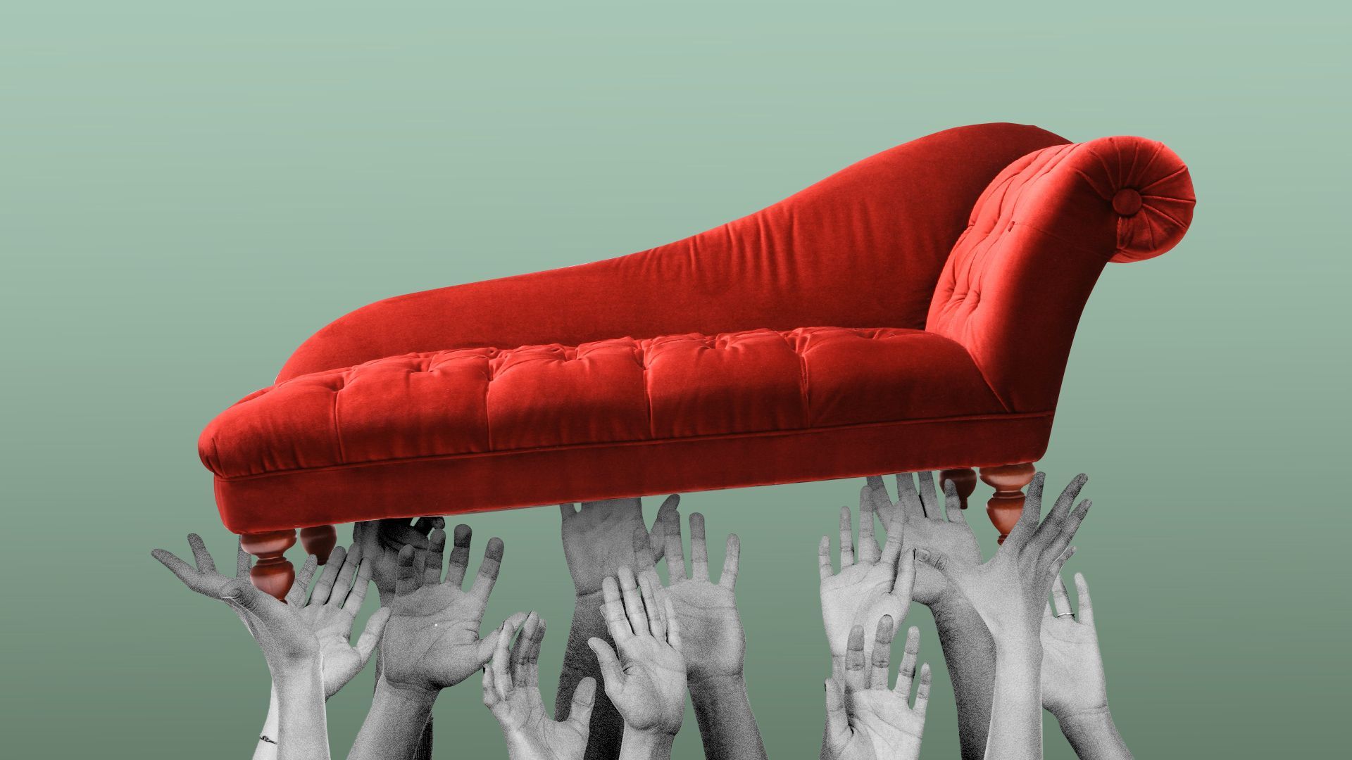 Illustration of many different hands reaching for and holding up a therapy couch. 