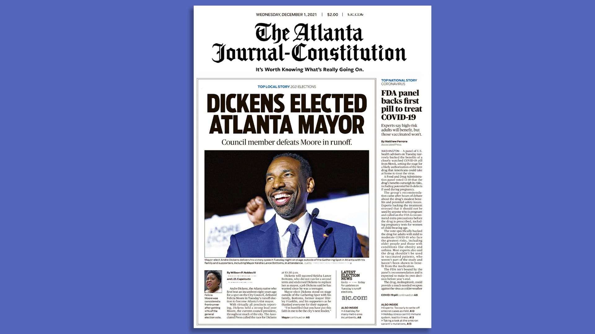 An image of the front page of the Atlanta-Journal Constitution the day after Andre Dickens won the Atlanta mayoral election