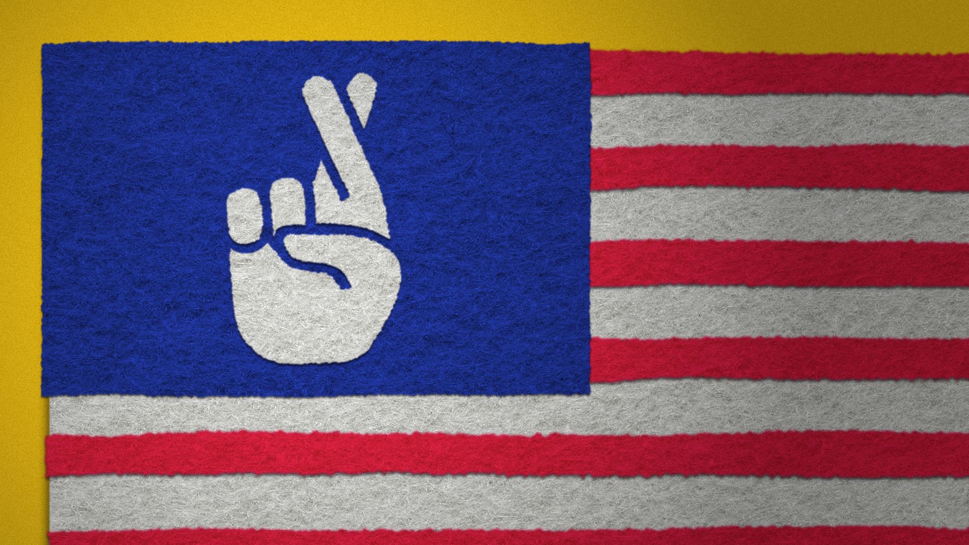 Illustration of an American flag made out of felt, with the stars replaced by a fingers crossed emoji.