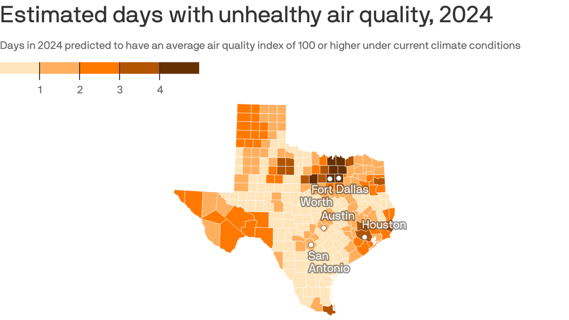 A map of estimated days with unhealthy air quality in Texas for 2024.