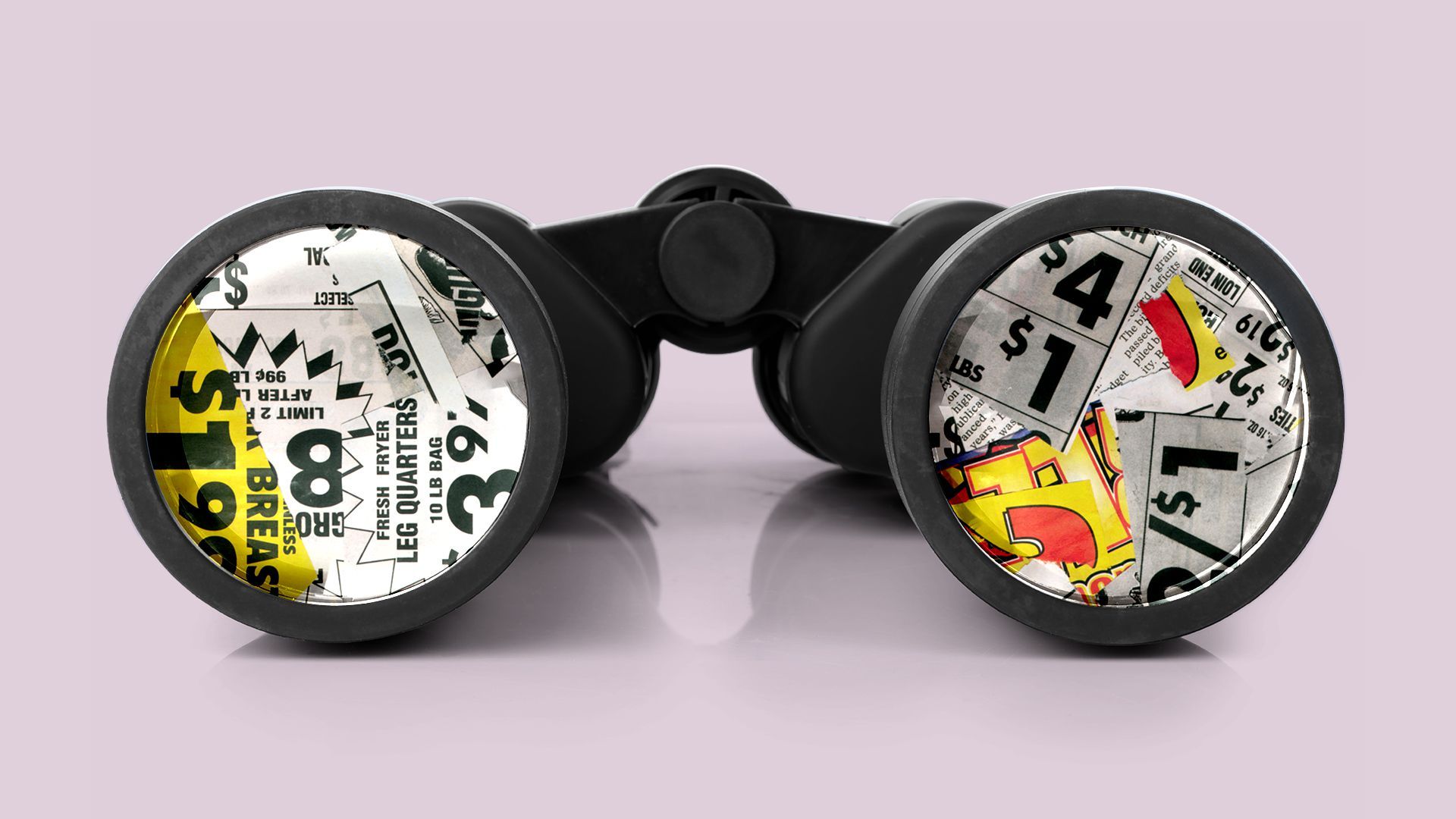 Illustration of binoculars with the lenses reflecting overlapping newspaper sale clippings