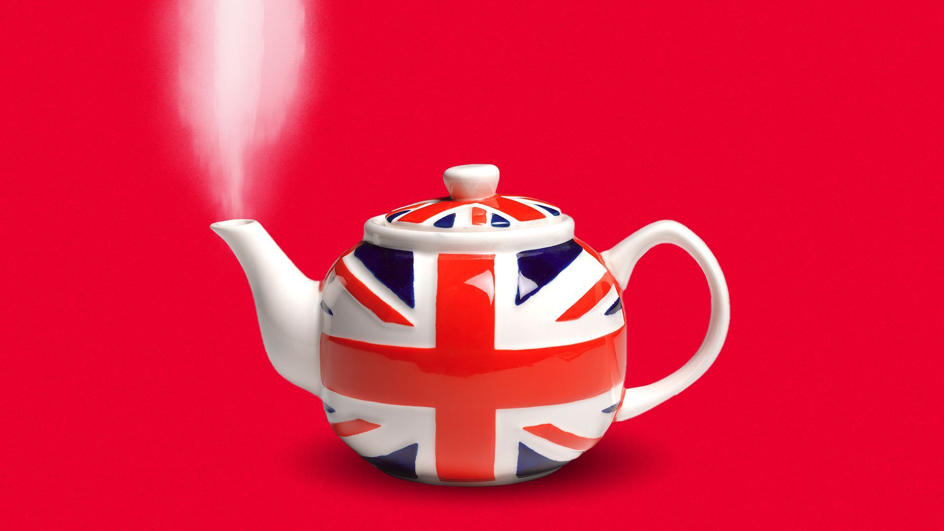 Illustration of a steaming tea kettle with the U.K. flag on the side.
