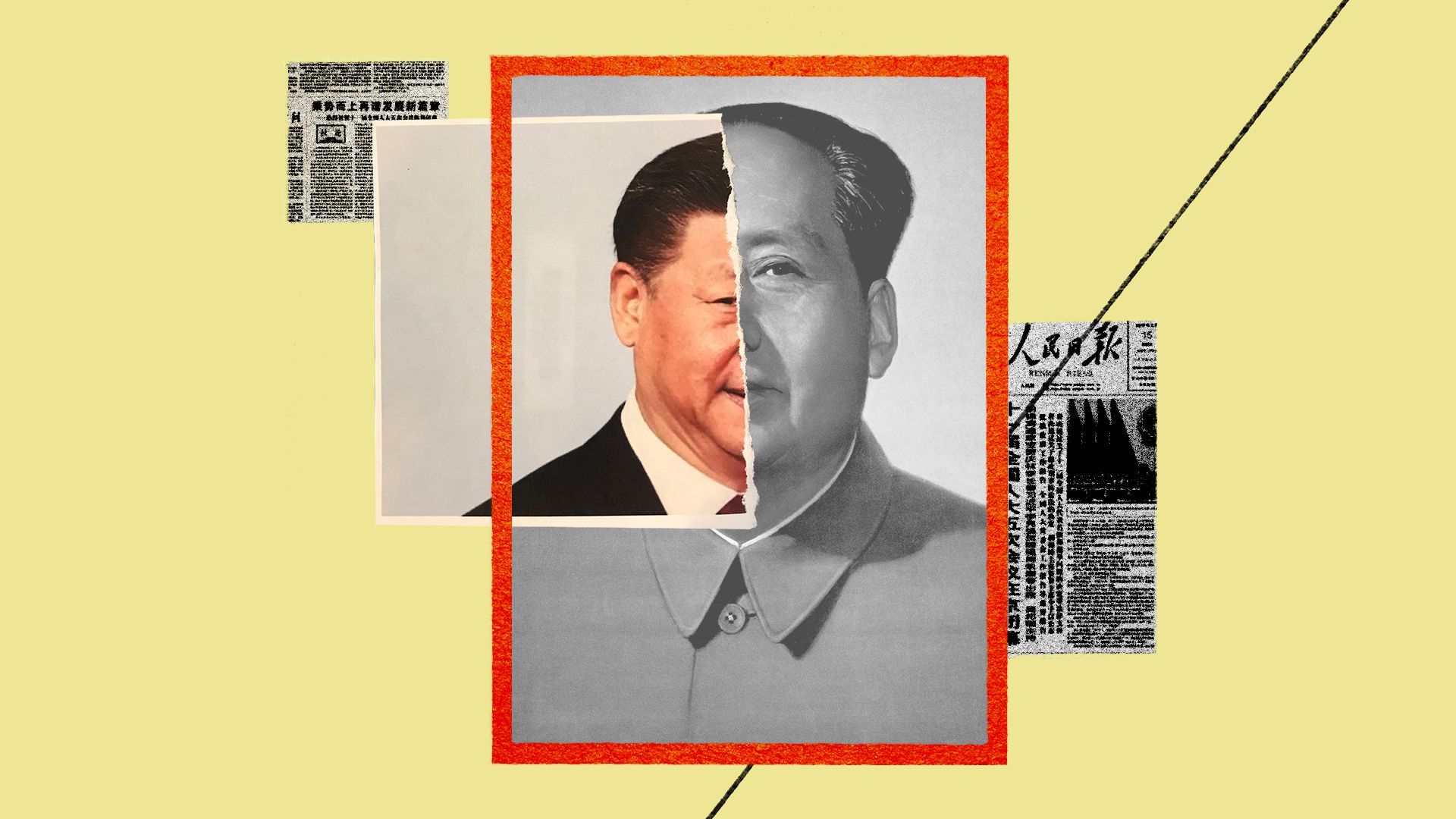 Illustration of Mao and Xi photos merged in a collage together