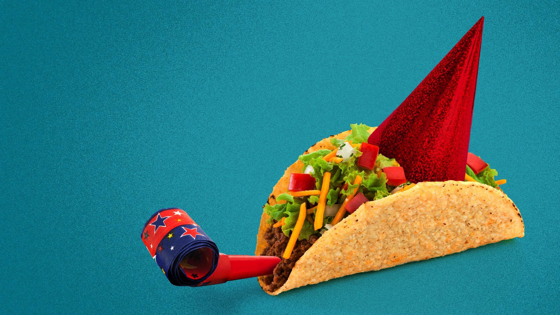 Illustration of a taco wearing a party hat and blowing a party horn. 