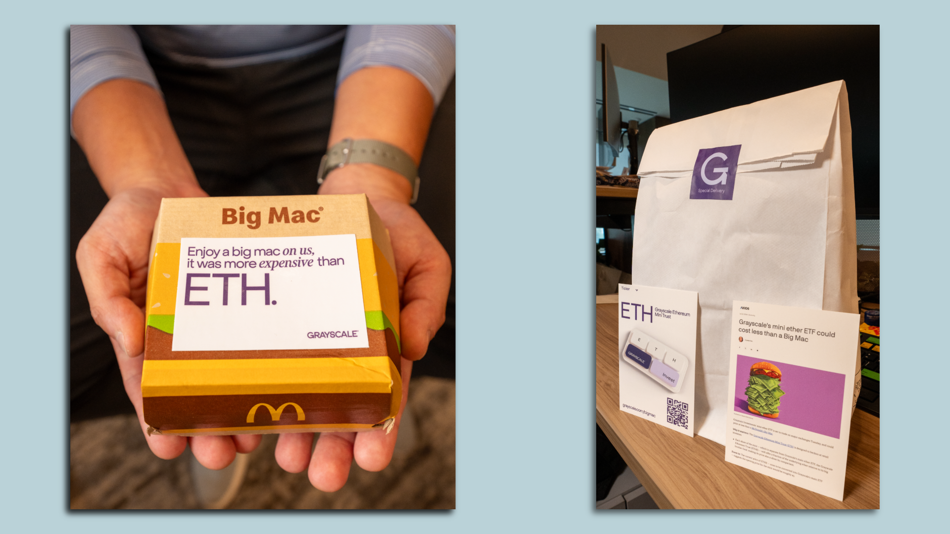 Two images. One of a Big Mac with a note about how it costs more than ETH. Another of a bag with the Grayscale logo and a card with an excerpt from Crystal's story about the mini-ETF Grayscale made for ethers.