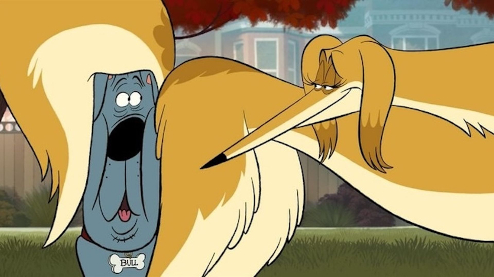 Animated scene of two dogs, one gray with a 