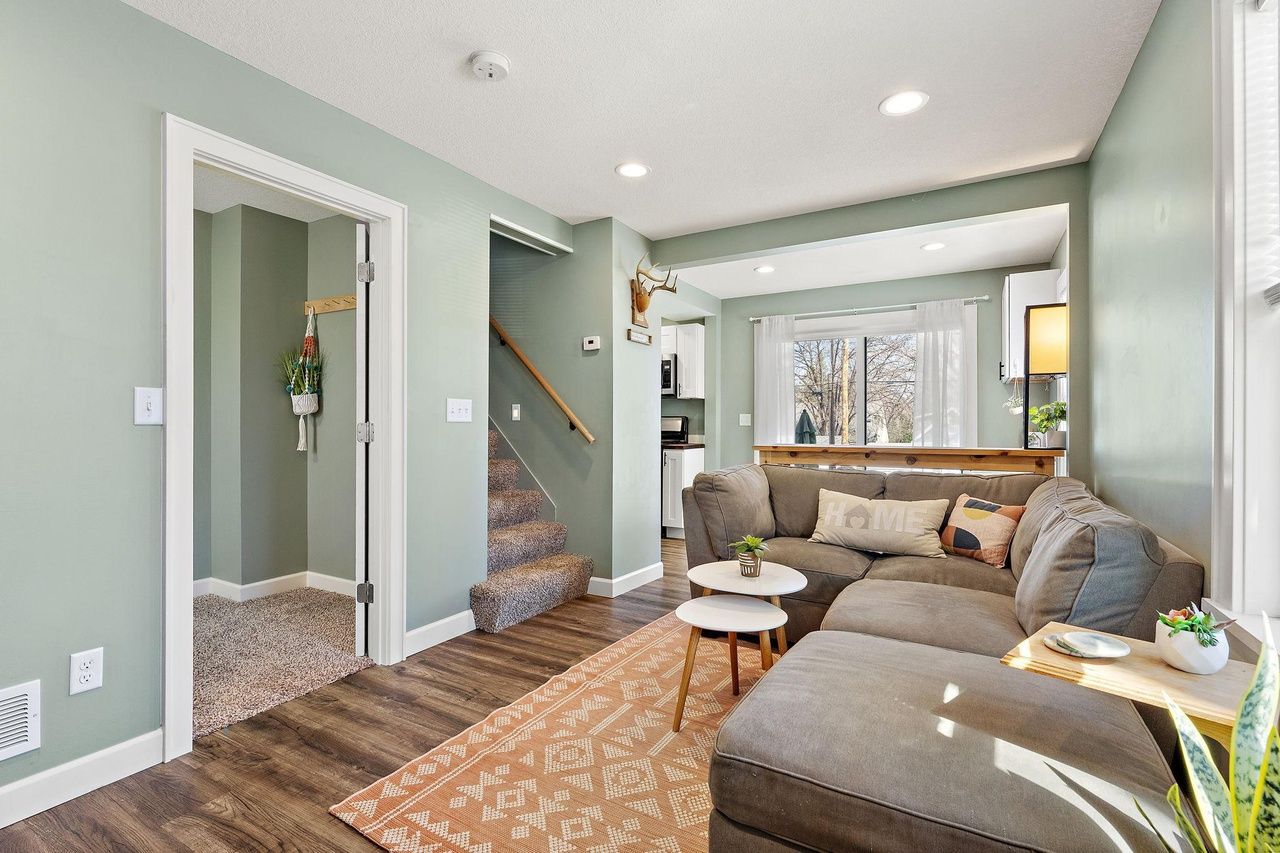 living room with stairs