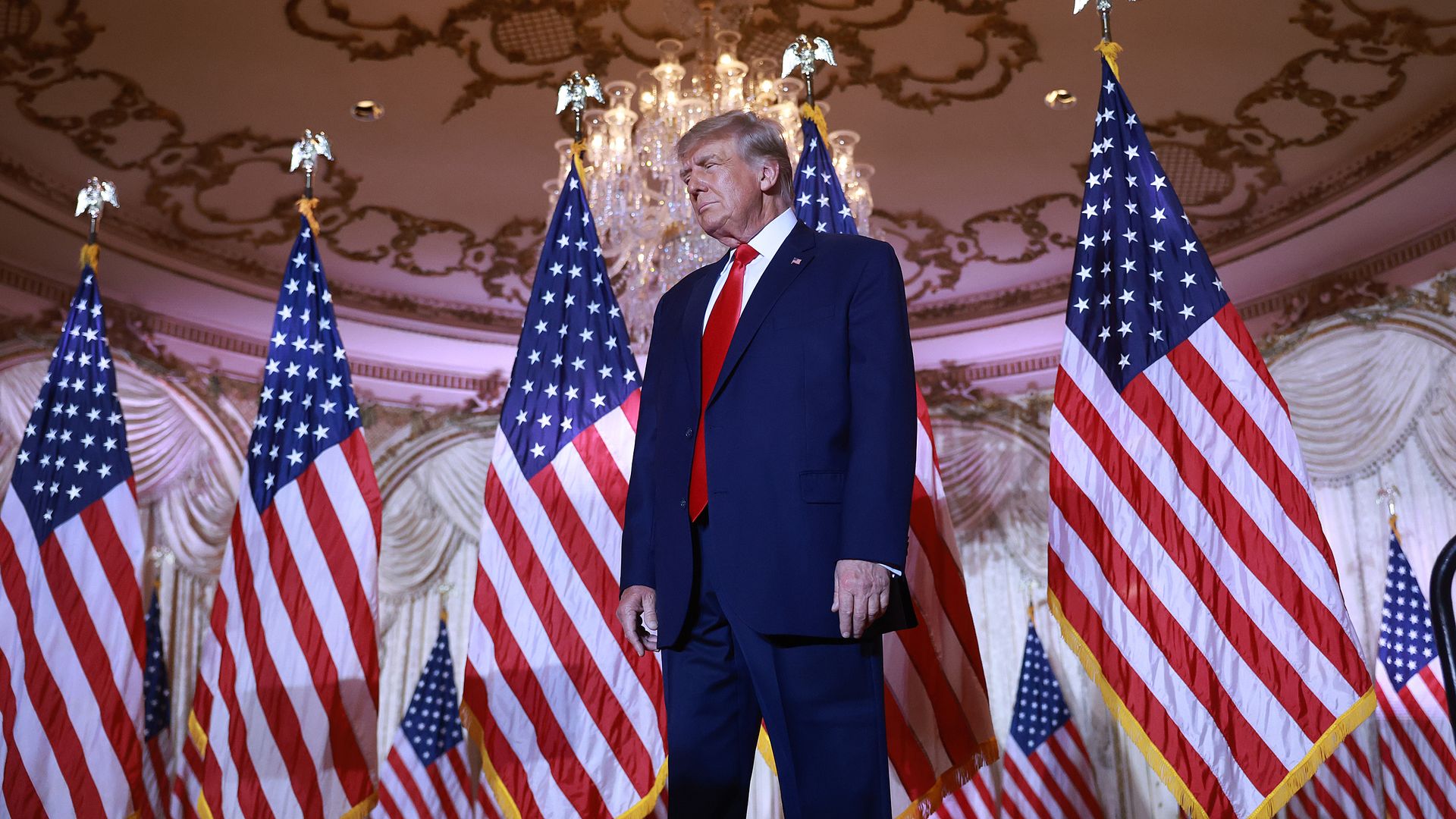 Former U.S. President Donald Trump arrives on stage to speak during an event at his Mar-a-Lago home on November 15, 2022 in Palm Beach, Florida.