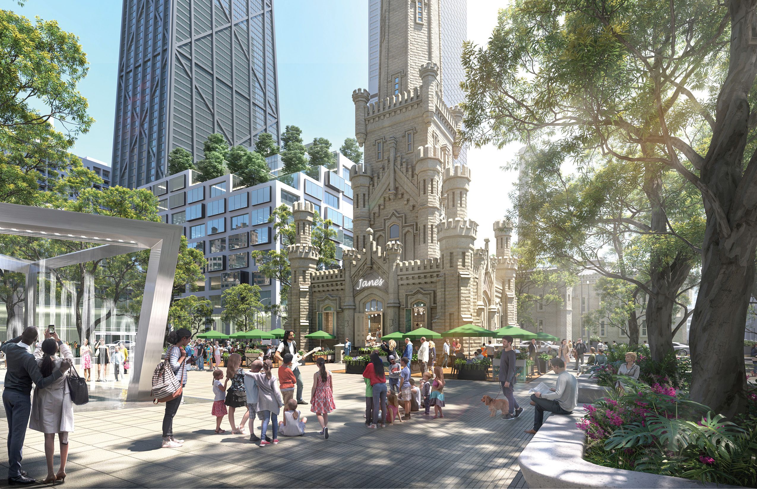 Rendering of a busy park with interactive art 