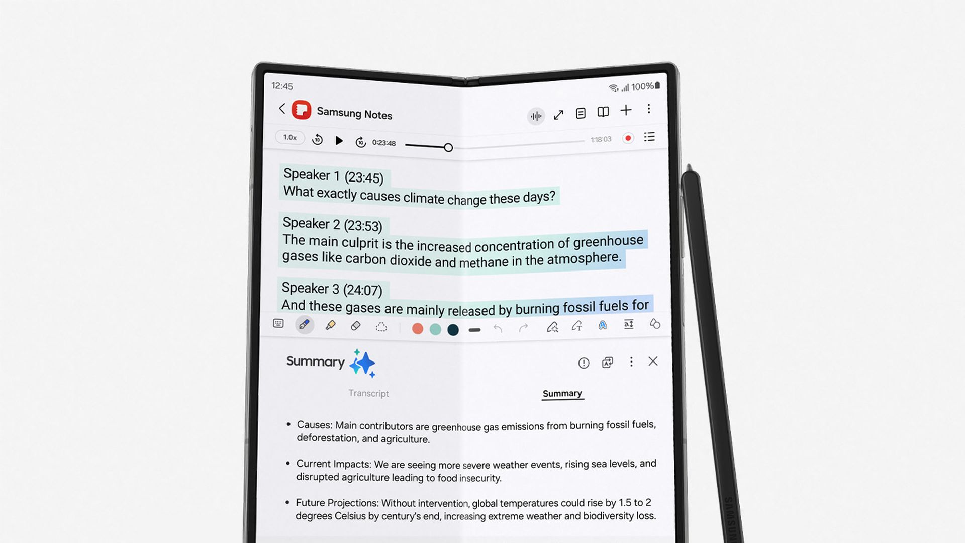 A new transcription and summarization feature running on Samsung's latest Galaxy Z Fold 6 smartphone. 