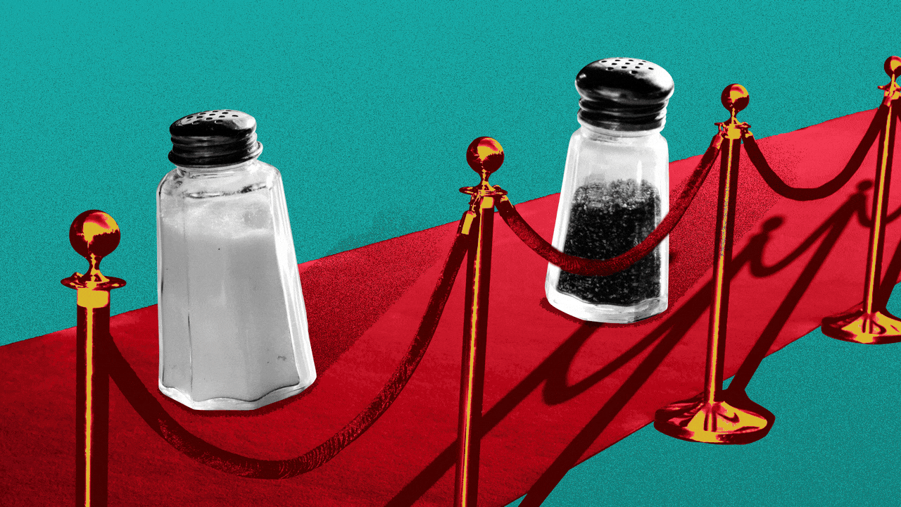 Animated illustration of salt and pepper shakers posing on a red carpet as cameras flash.