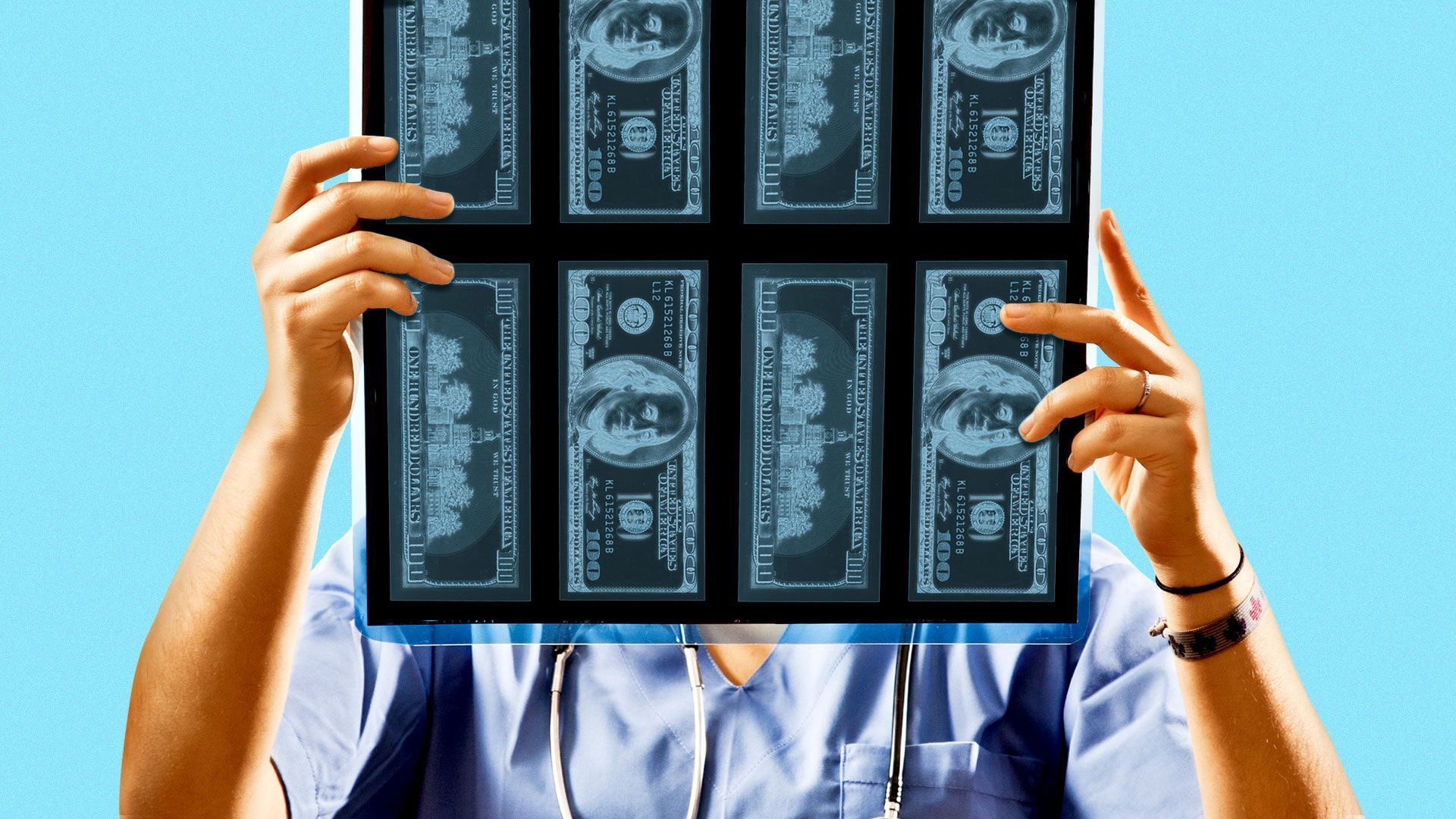 Illustration of a medical professional holding up an X-ray of dollar bills.