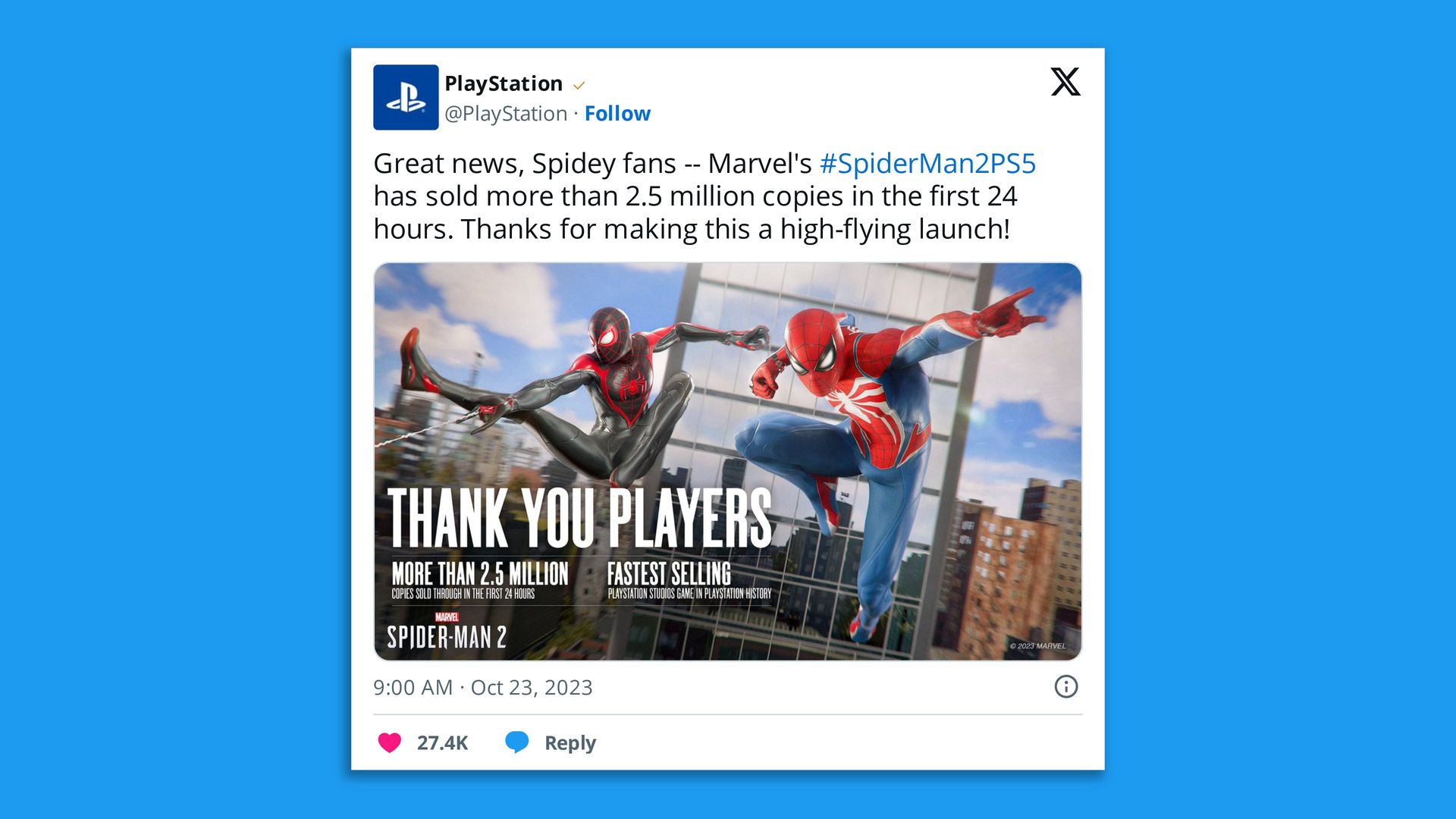 Screenshot of a tweet showing PlayStation announce Spider-Man 2 as its fastest-selling internally developed game