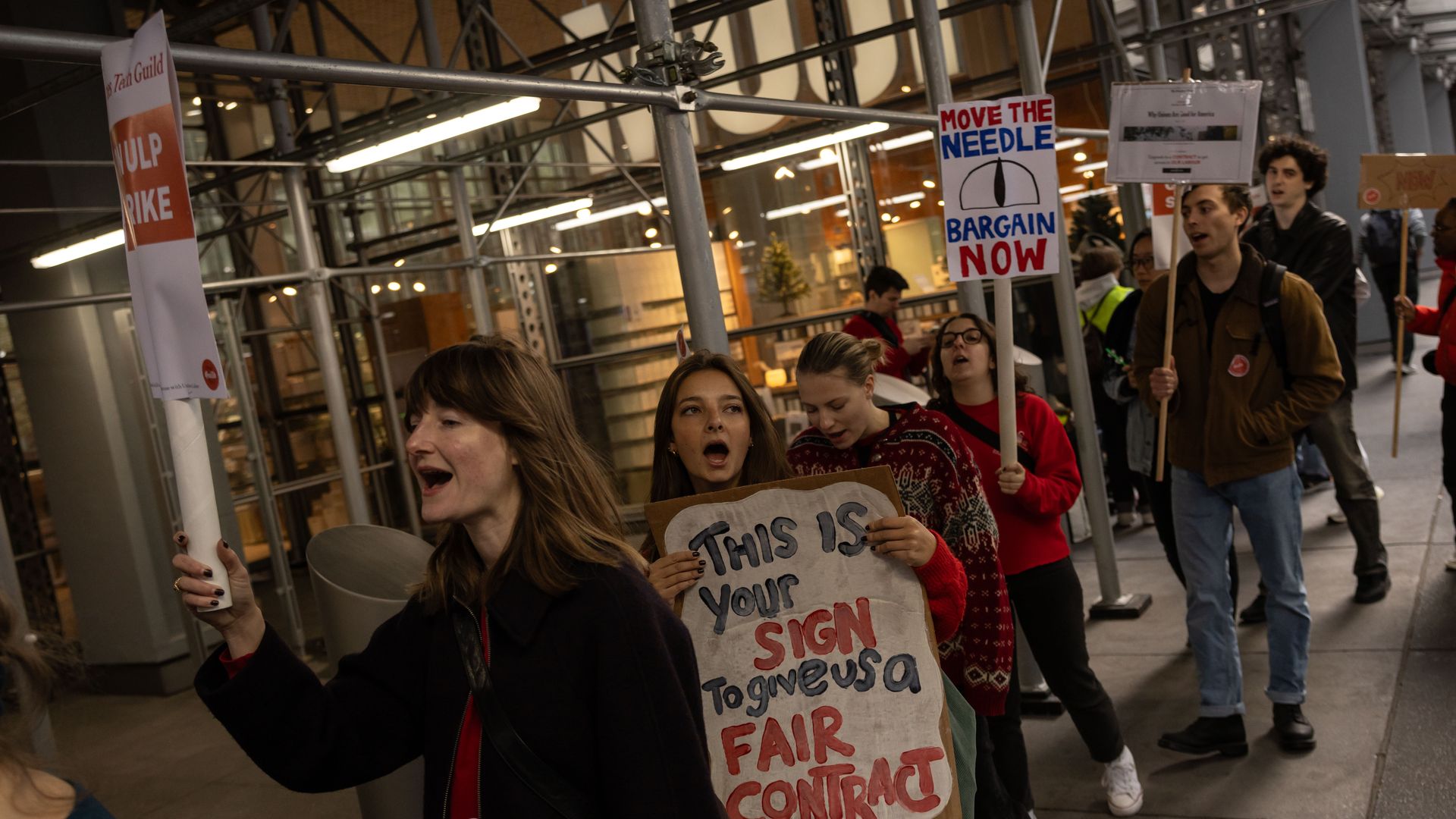 Members of the Times Tech Guild picket outside of the New York Times headquarters in New York, US, on Monday, Nov. 4, 2024. New York Times Co. shares fell Monday after the newspaper publisher reported third-quarter revenues and subscriptions that fell short of analysts expectations and the company's