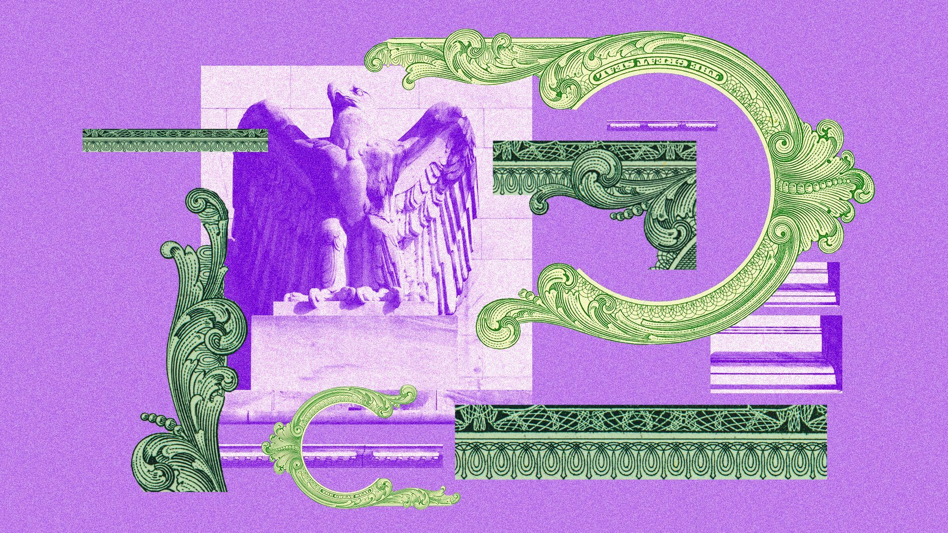 Photo illustration of money elements and the Federal Reserve building.